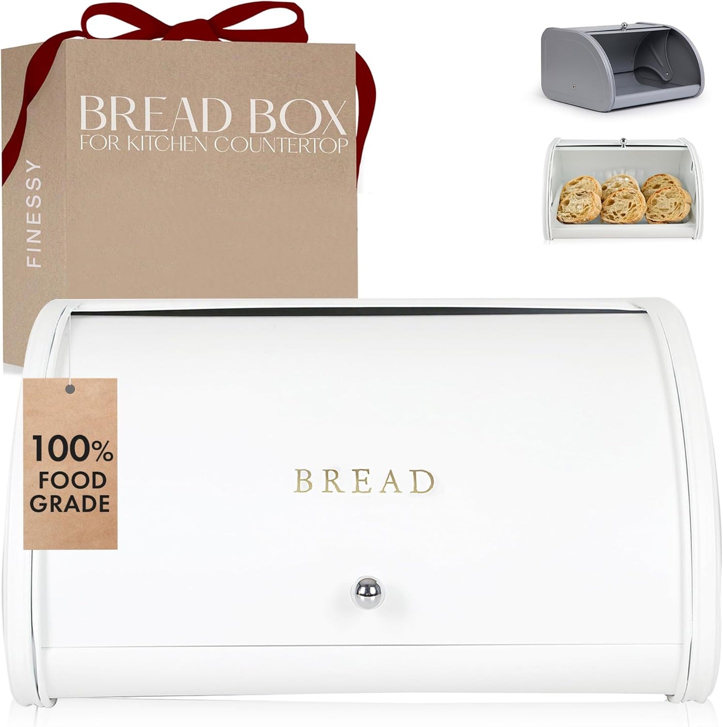 Modern Metal White Bread Box for Kitchen Countertop for Homemade Loaf Sourdough, Roll Top Breadbox for Kitchen Countertop Storage Container Bin, Farmhouse Stainless Steel Bread Keeper for Counters