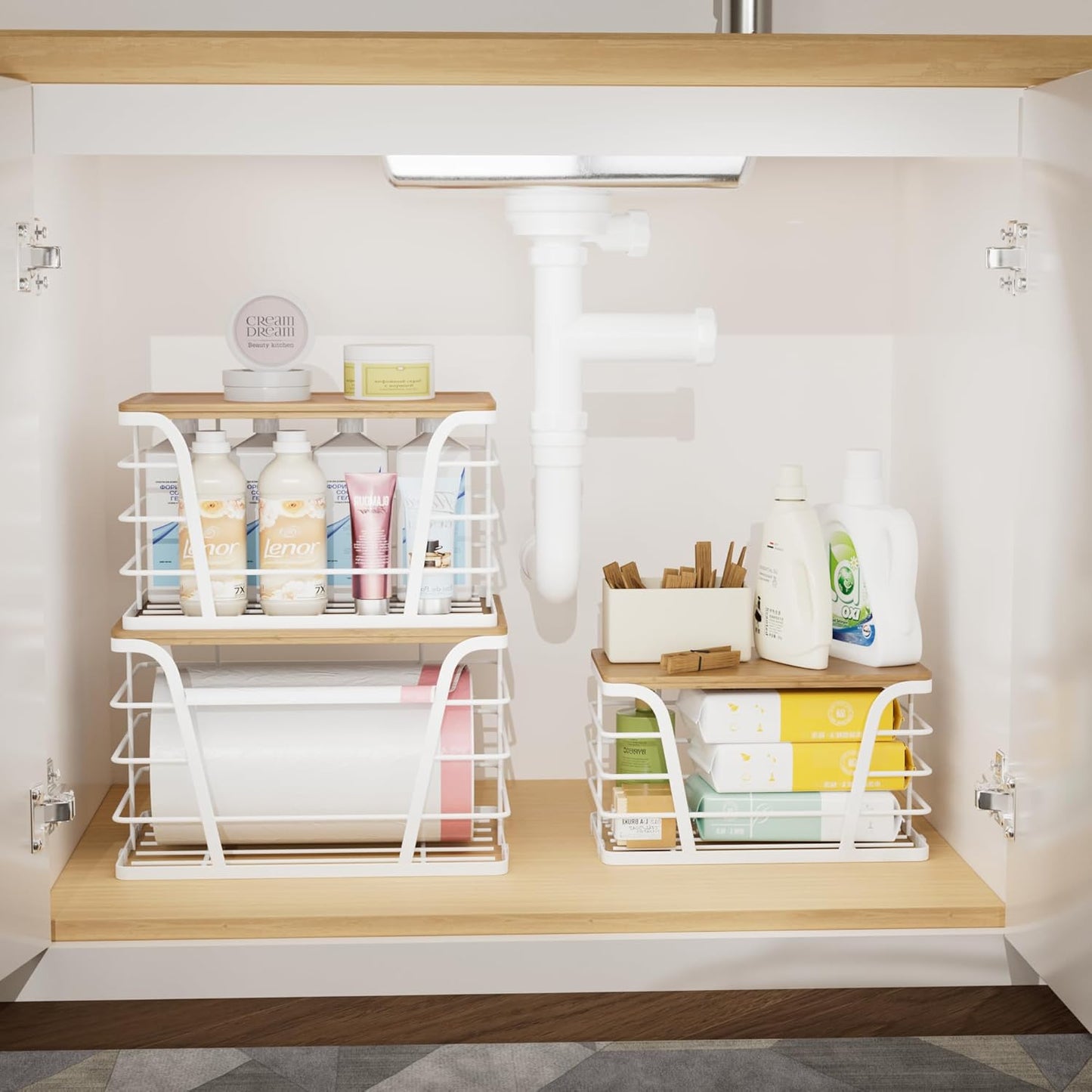 3 Pack Stackable Laundry Room Organization,Trash Bag Dispenser Under Sink, Countertop Organizer, Kitchen Sink Accessories，White