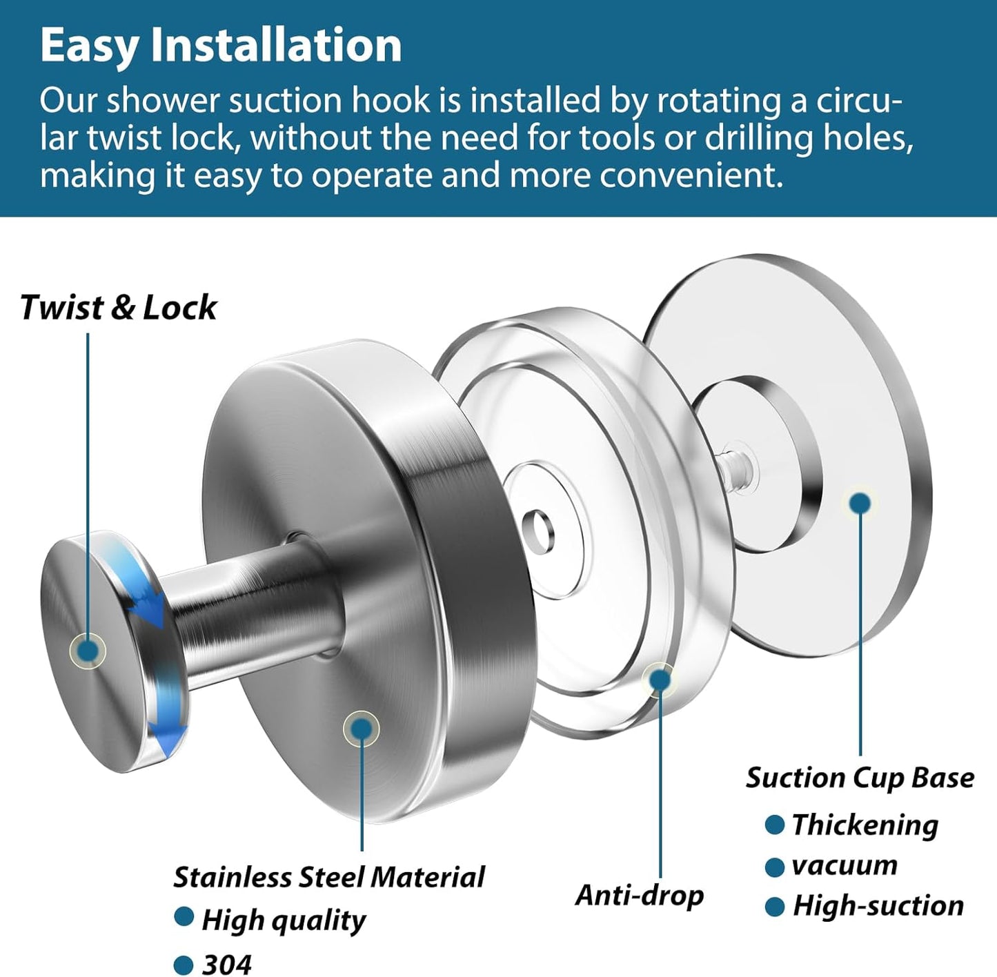 Suction Cup Hooks for Shower, 4 PCS No-Drill Towel Holder for Bathrooms Wall, Glass Door, Mirror, Tiles, Kitchen, Hold Robe & Wreath, Hanging up to 15 lbs – Waterproof & Rustproof, Loofah-Silver