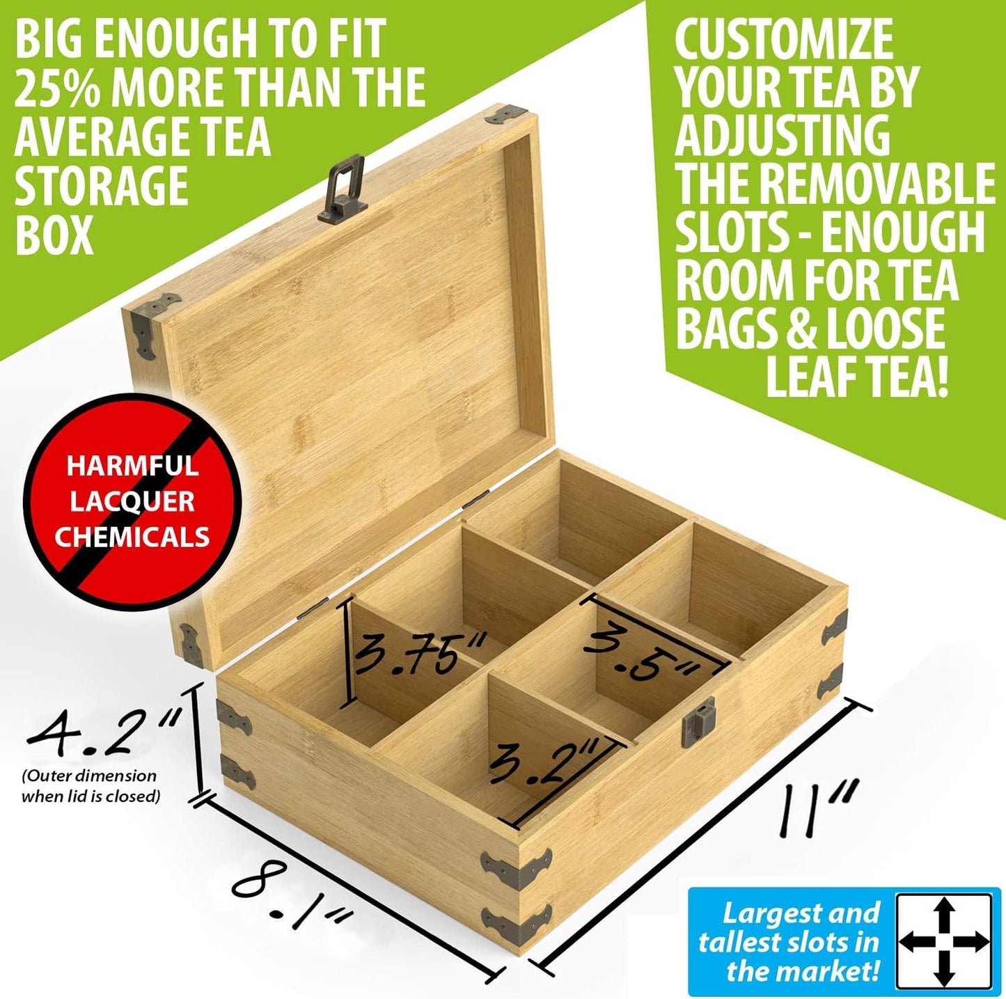 Bamboo Tea Organizer Box Chemical Free Eco-Friendly Big, Tall, Adjustable Cubbies Natural Wooden Storage Chest (6-Slot 11" x 8.1" x 4.2" with Tea Leaf design)