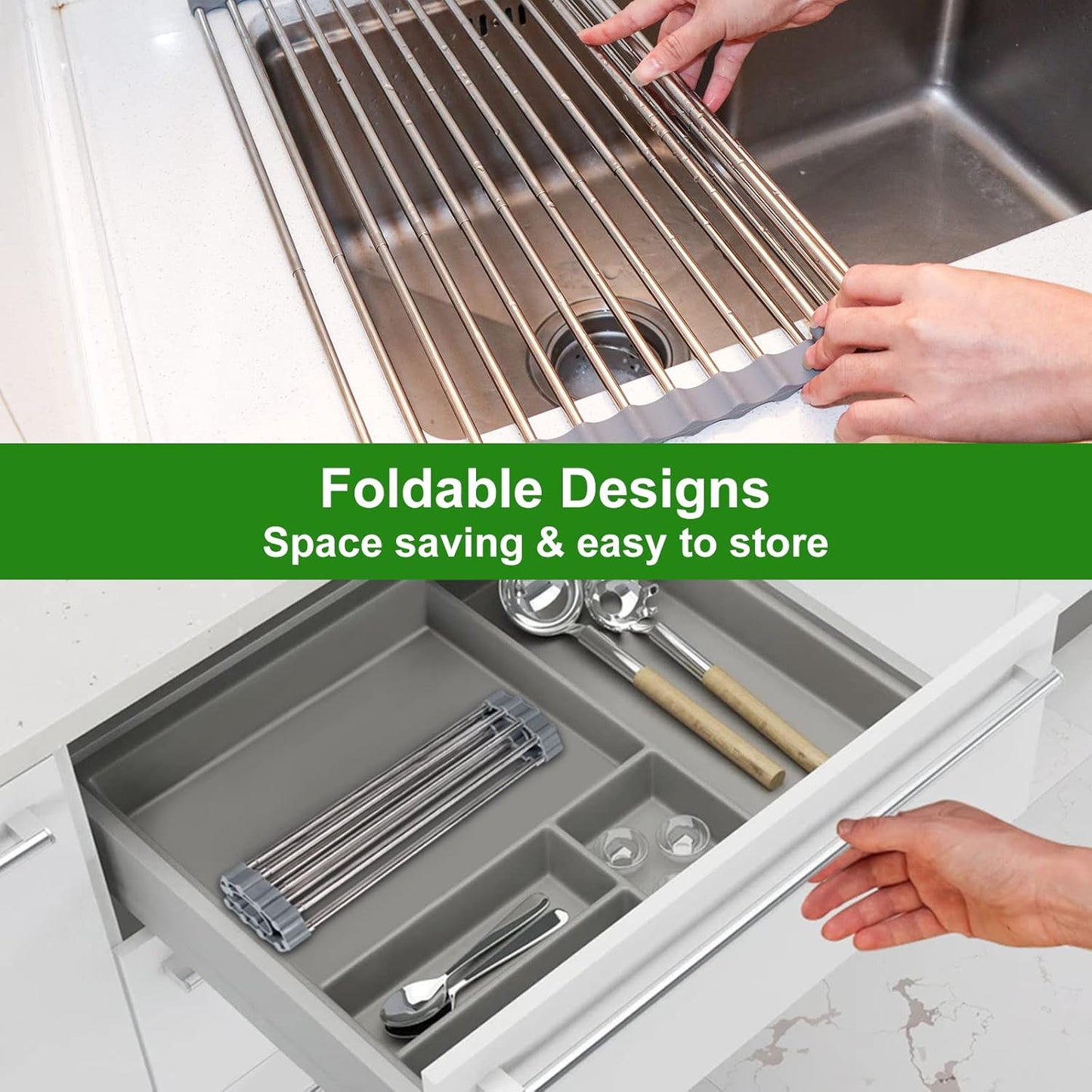 Expandable Roll Up Dish Drying Rack, 23.6"L x 13.0"W Large Stainless Steel Over The Sink Dish Drying Rack with Silicone Wrapped Anti-Slip Foldable Multipurpose Dish Drainers for Kitchen Sink