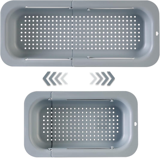 Extendable Sink Colander Strainer Basket - Wash Vegetables and Fruits, Drain Cooked Pasta and Dry Dishes - Adjustable Over the Sink Colander Collapsible Drainer Basket -Gray