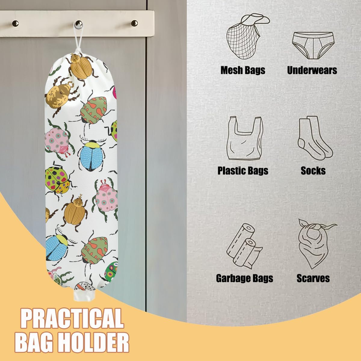 Insect Beetle Plastic Bag Holder, Wall Mount Grocery Bag Holder, Plastic Storage bag, Pull Rope Free Adjustment, Plastic Bag Holders for Grocery Bags, Plastic Bag Dispenser for Home Kitchen