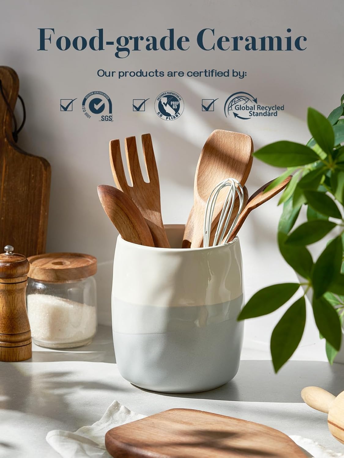 DOWAN Utensil Holder, 6.5″ Large Utensil Holder for Kitchen Counter, Ceramic Utensil Crock with Table-Protection Cork Mat, Utensil Organizer Caddy for Tongs, Spoons