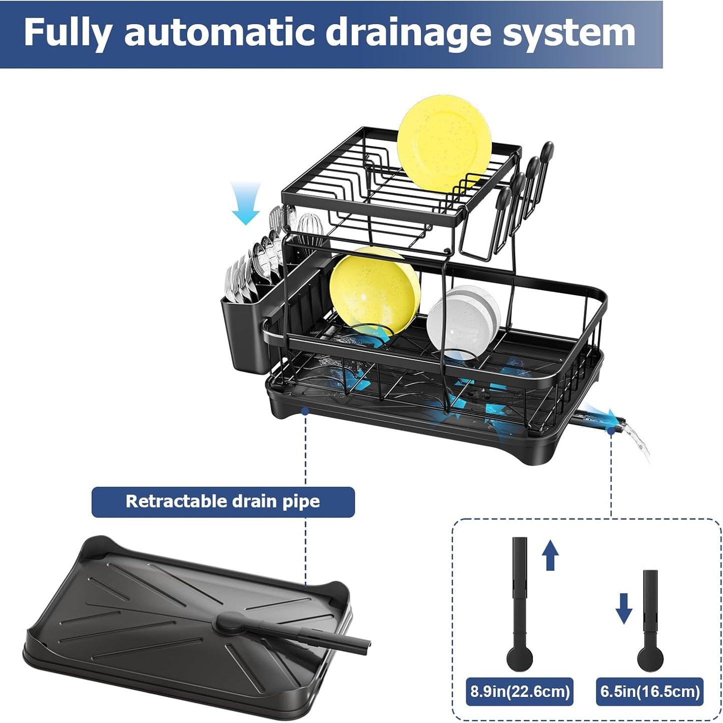 Dish Drying Rack 2-Tier Dish Racks for Kitchen Counter, Adjustable Spout Auto-Draining Dish Rack, Large Capacity for Plates, Bowls, Cups, Tableware，Dish Drainer with Drainboard,Black