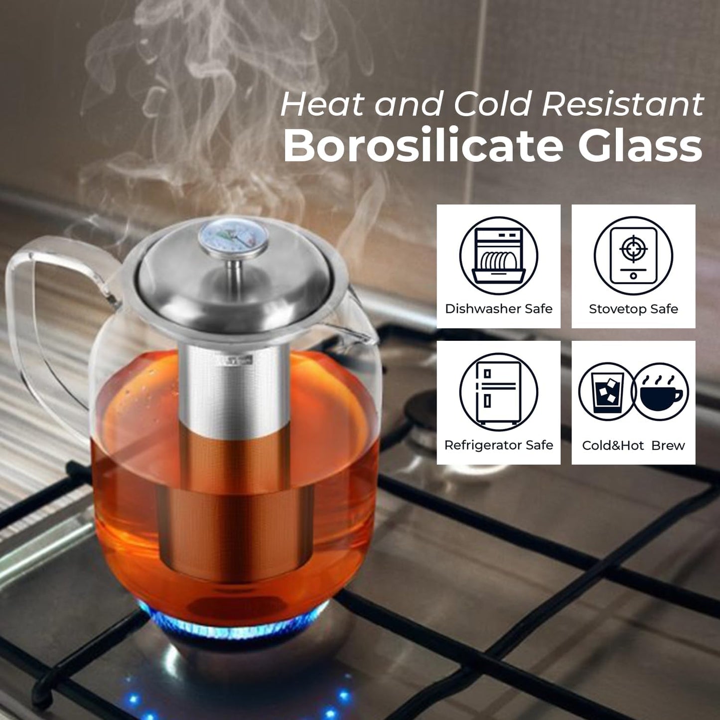 Aquach 68oz Glass Teapot with Built-in Thermometer, Stovetop & Dishwasher Safe, Borosilicate Carafe and Stainless Steel Removable Infuser