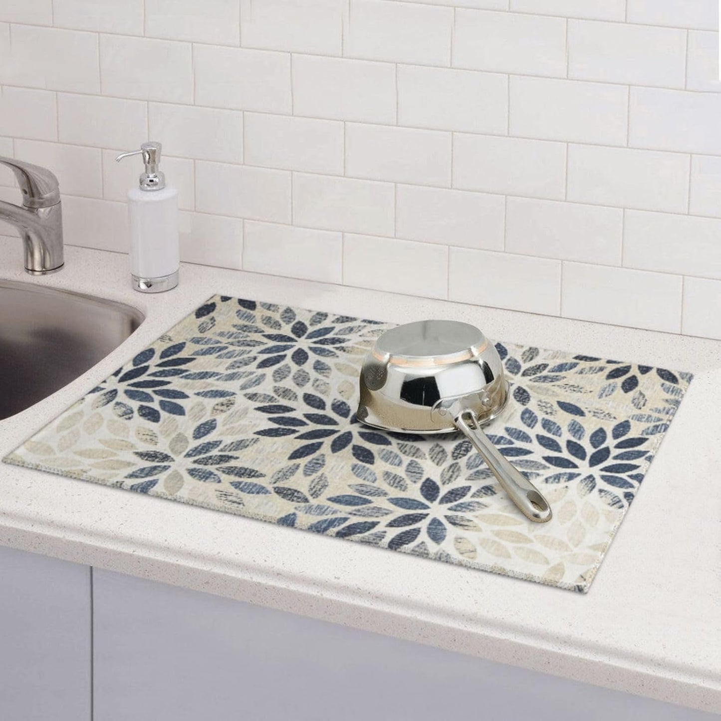 Dahlia Dish Drying Mat 18x24 for Kitchen Counter, Blue Floral Decorative Absorbent Coffee Mat Dish Drying Pad Coffee Bar Dish Drainer Rack Mat Drainer Mat