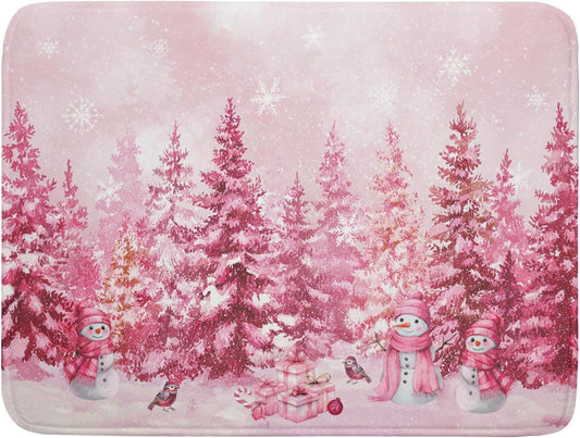 Pink Forest Dish Drying Mat Snowman Washable Drying Matt Kitchen Counter Absorbent Coffee Mat for Winter Home Decor
