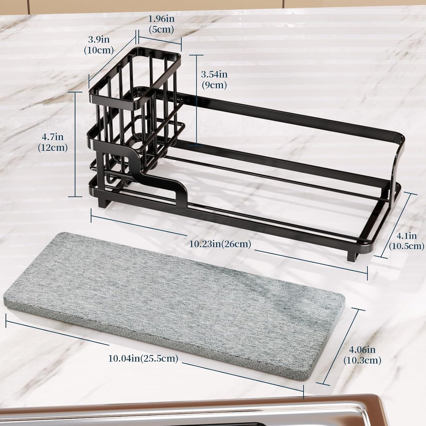 Consumest Sponge Holder for Kitchen Sink - Sink Caddy Organizer with Water Absorbing Stone Tray, Detachable Brush Holder, Stainless Steel Kitchen Counter Organizer Rack, Black