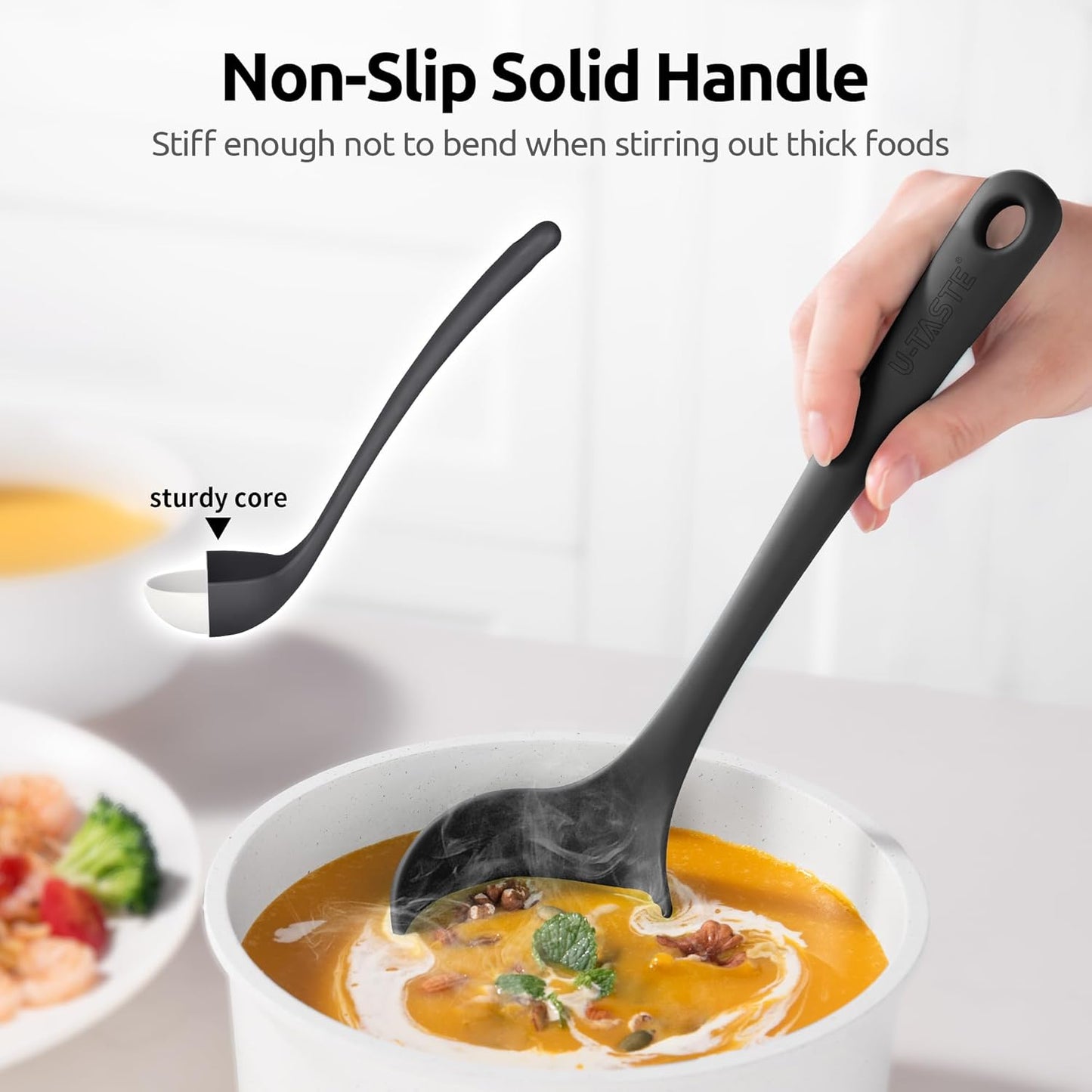 2.6oz Small Silicone Soup Ladle: U-Taste 600ºF Heat Resistant Non-Stick Kitchen Deep Serving Spoon, Soft Cooking Utensil with Non-Slip Solid Handle for Mixing Sauce Stew Gravy (11in, Black)