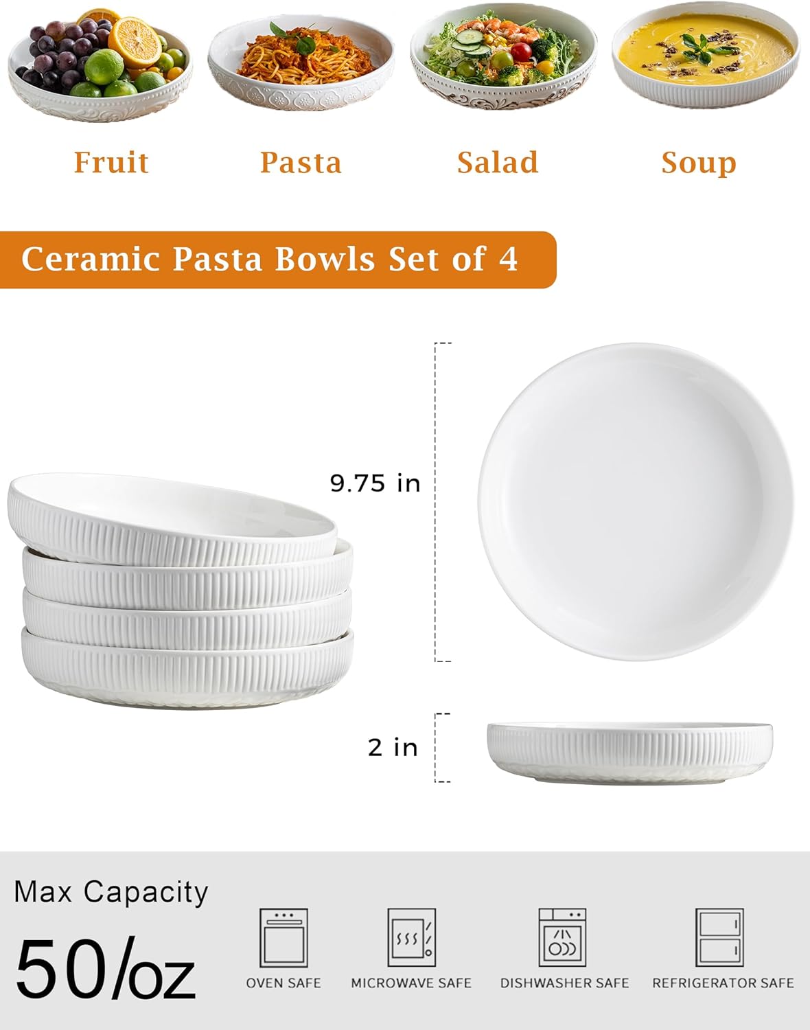 YHOSSEUN 9.75" Pasta Bowls Set of 4, 50 OZ Large Salad Serving Bowls Pasta Plates, White Soup Bowl for Kitchen Meal Prep, Ceramic Shallow Dishes Dinner Bowl, Clover Stripe