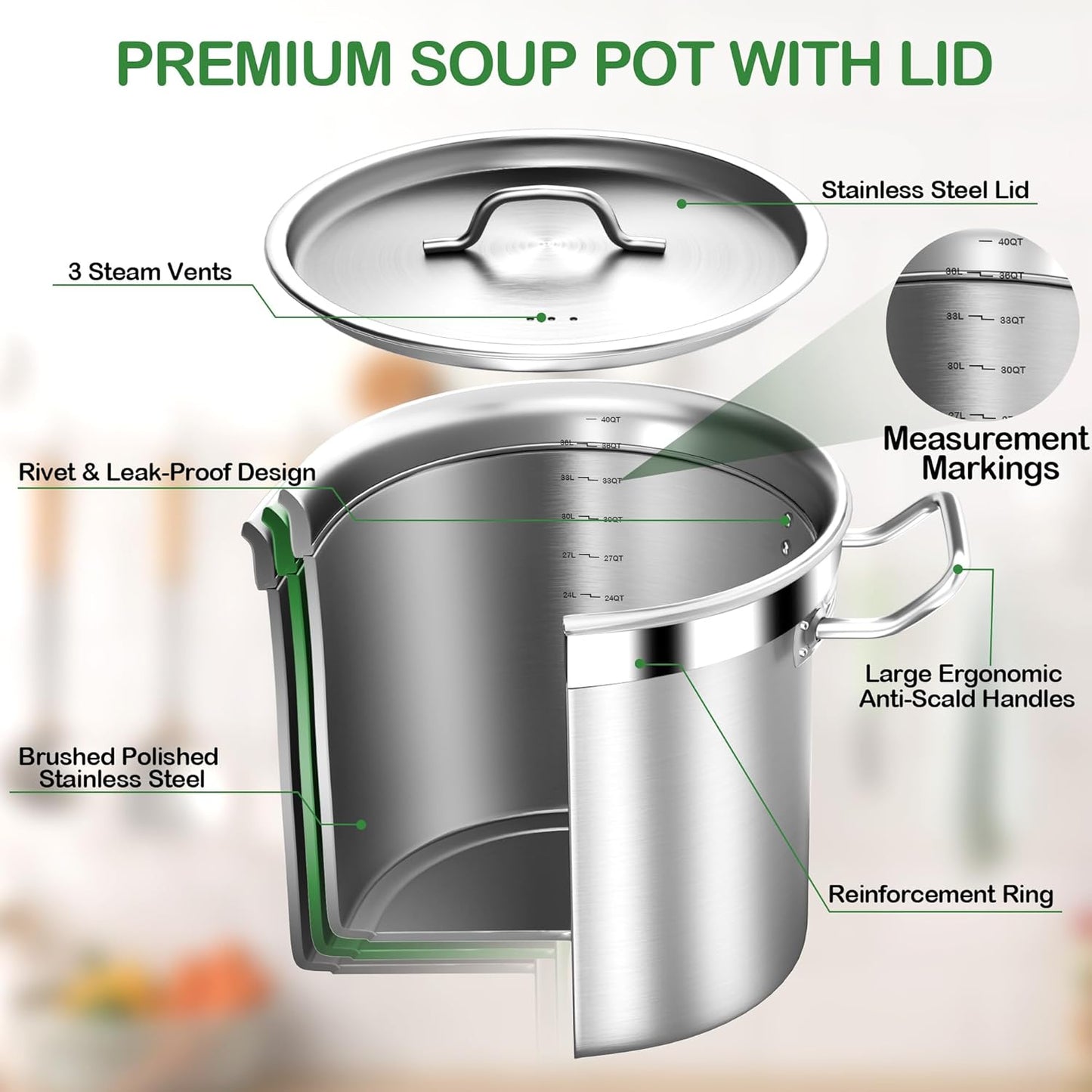 Large Soup Pot with Lid - 40 Quart Stainless Steel Stockpots, Cooking Pots, Stock Pot with Lid, Big Pots for Cooking, Heavy Duty, Induction & Oven Safe