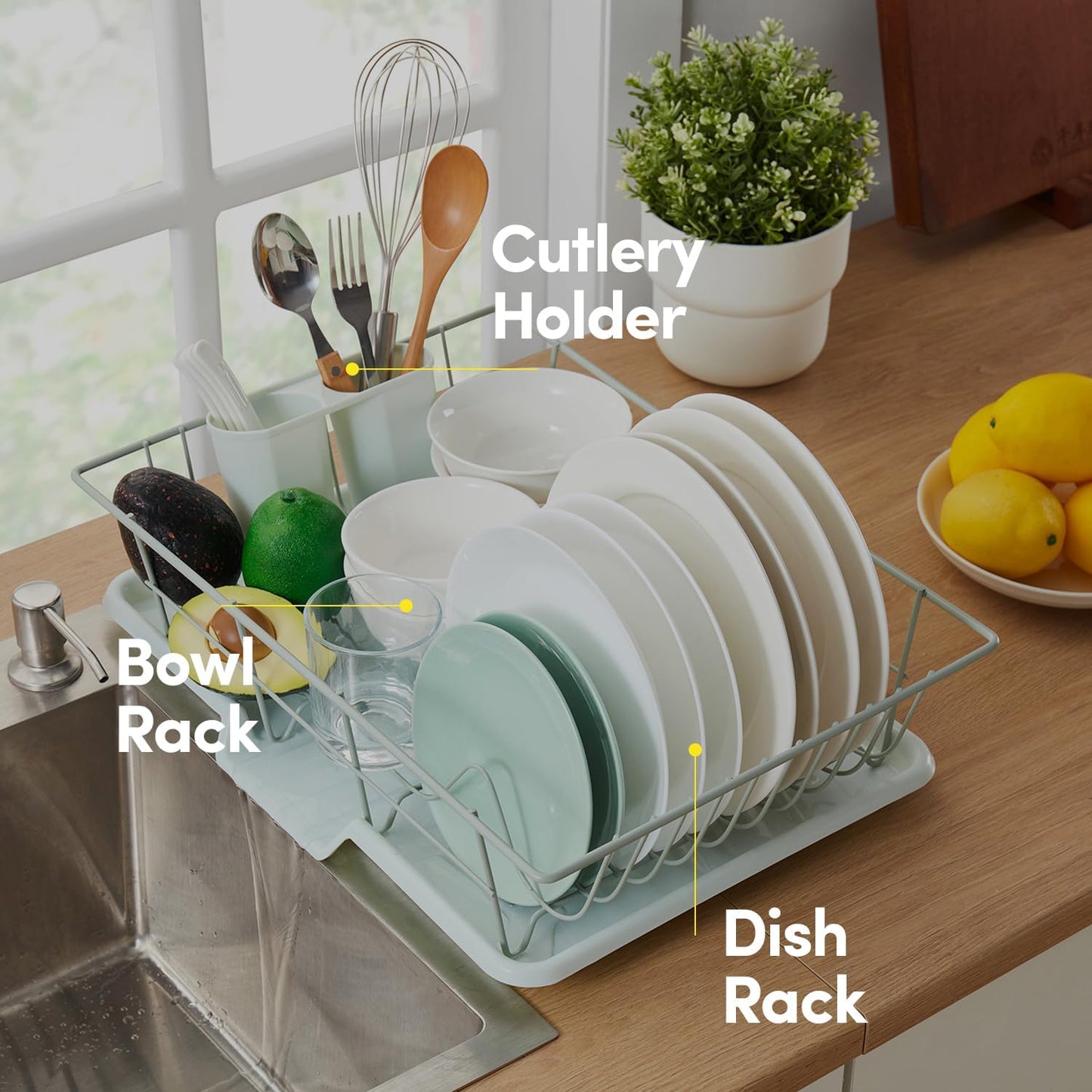 Sweet Home Collection Space-Saving 3-Piece Dish Drainer Rack Set: Efficient Kitchen Organizer for Quick Drying and Storage - Includes Cutlery Holder and Drainboard - Maximize Countertop Space, Mint
