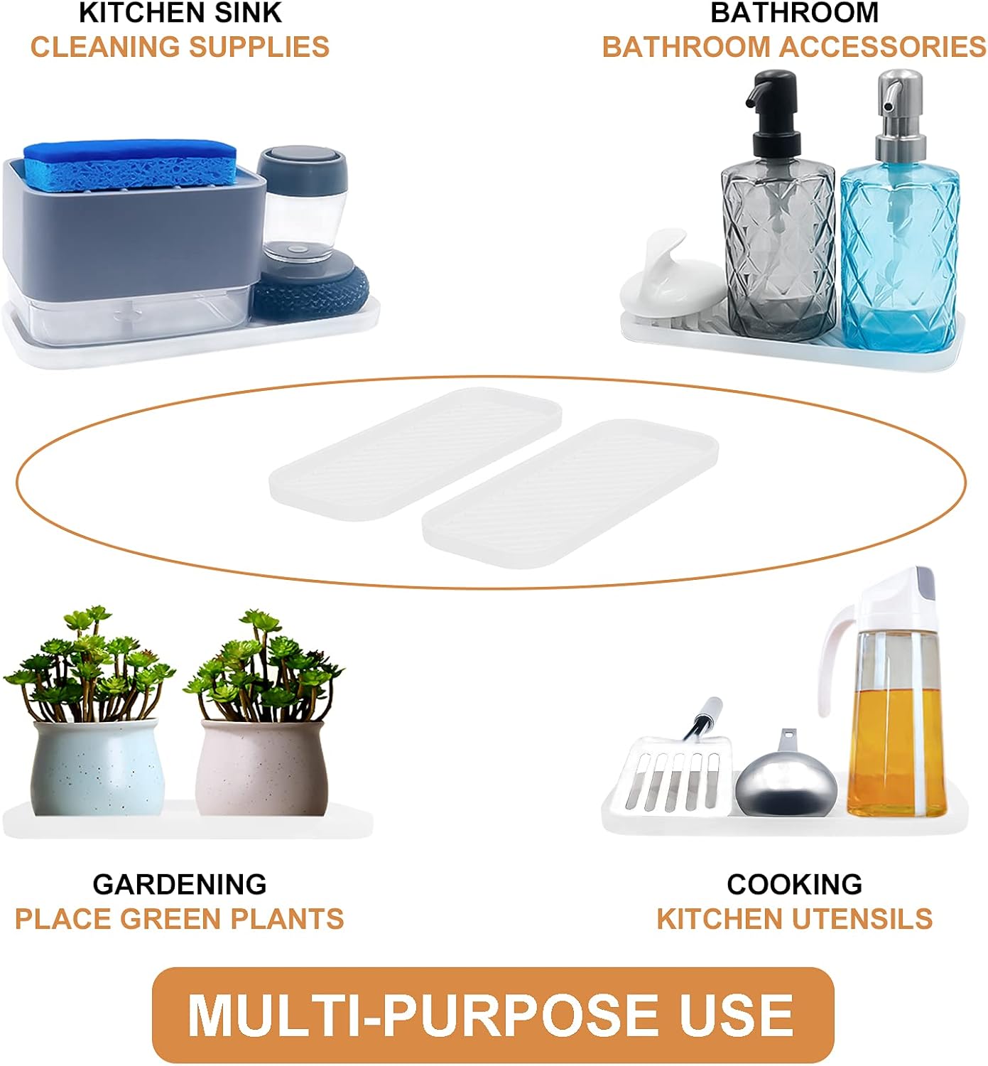 Silicone Organizer Tray, Soap and Sponge Holder for Kitchen Sink, Bathroom - Storage Tray for Dish Brush, Soap Dispenser, Dishwashing Accessories- 2 Pack (Clear)