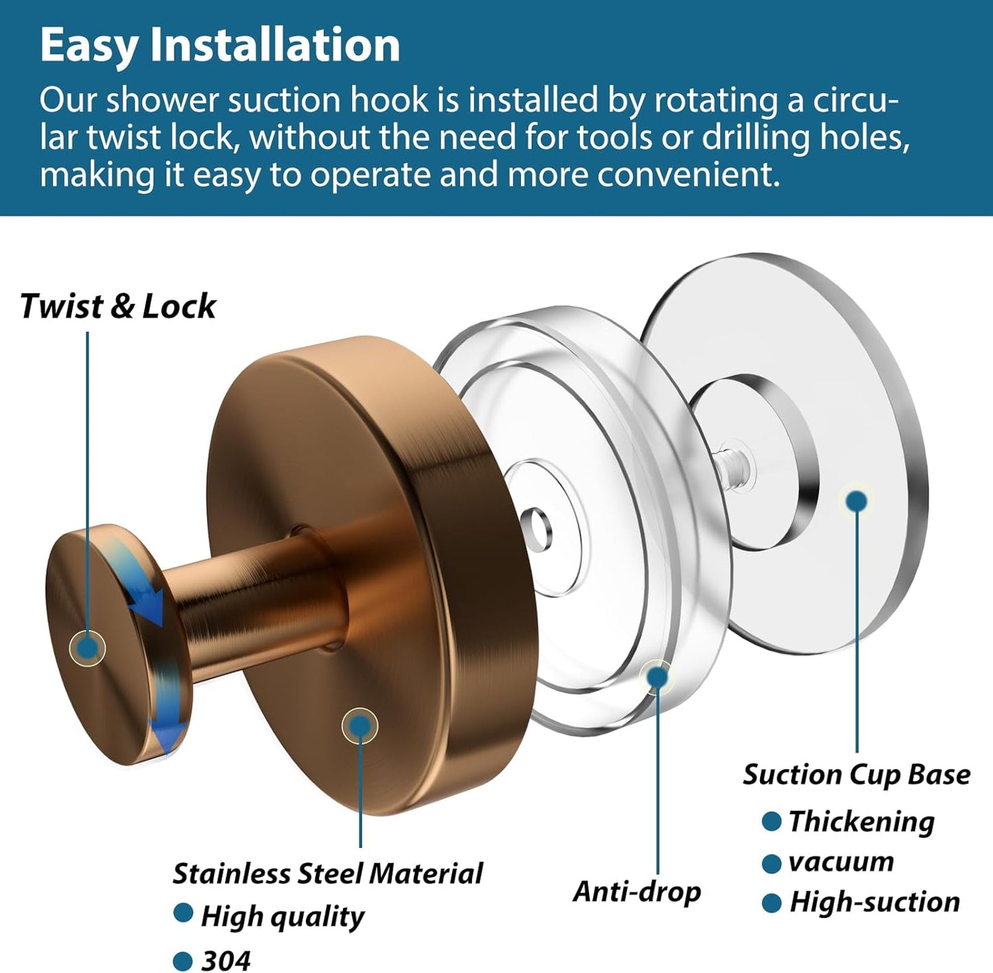 Suction Cup Hooks for Shower, 2 PCS No-Drill Towel Holder for Bathrooms Wall, Glass Door, Mirror, Tiles, Kitchen, Hold Robe & Wreath, Hanging up to 15 lbs – Waterproof & Rustproof, Loofah-Gold Rose