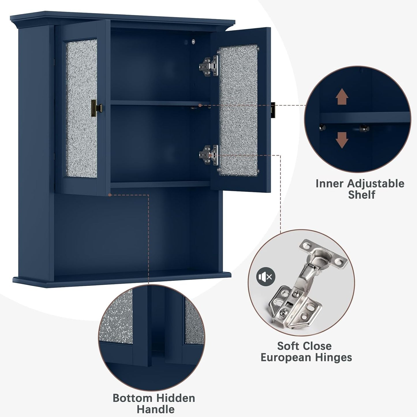 Bathroom Cabinet Wall Mount, Medicine Cabinet Over Toilet Storage Cabinet with Glass Door Build-in Spirit Level Cupboard Hanging Storage for Bathroom Laundry Kitchen Living Room (Ultramarine)