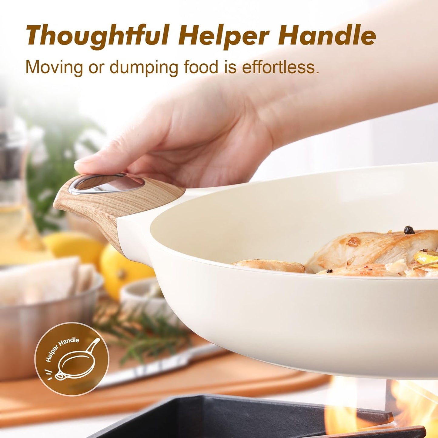 SENSARTE Ceramic Nonstick Frying Pan Skillet with Lid 12.5Inch Large Non Stick Non-toxic Healthy Kitchen Cooking Chef's Pan, Free of Intentionally Added PFOA/PFAS/PTFE, Induction Compatible, White