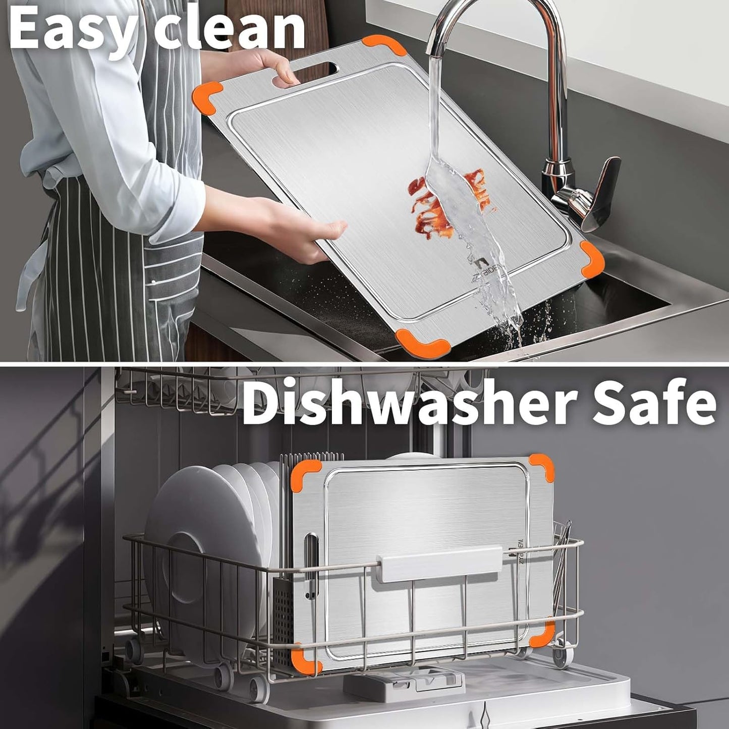 100% Pure Titanium Cutting Board with Grooves, Update Double Side Titanium Chopping Board, Silicone Anti-slip Stainless Cutting Boards for Kitchen 8 * 12 IN, Orange