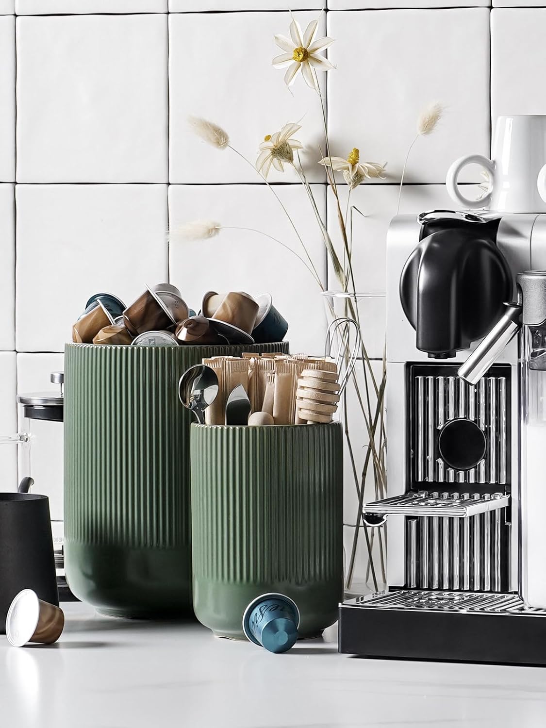 LE TAUCI Utensil Holder, 7.3"+5.4" Ceramic Kitchen Utensil Holder for Countertop, Large Cooking Utensil Crocks for Kitchen Counter, Morden Utensil Organizer for Spatula, Set of 2, Forest Green