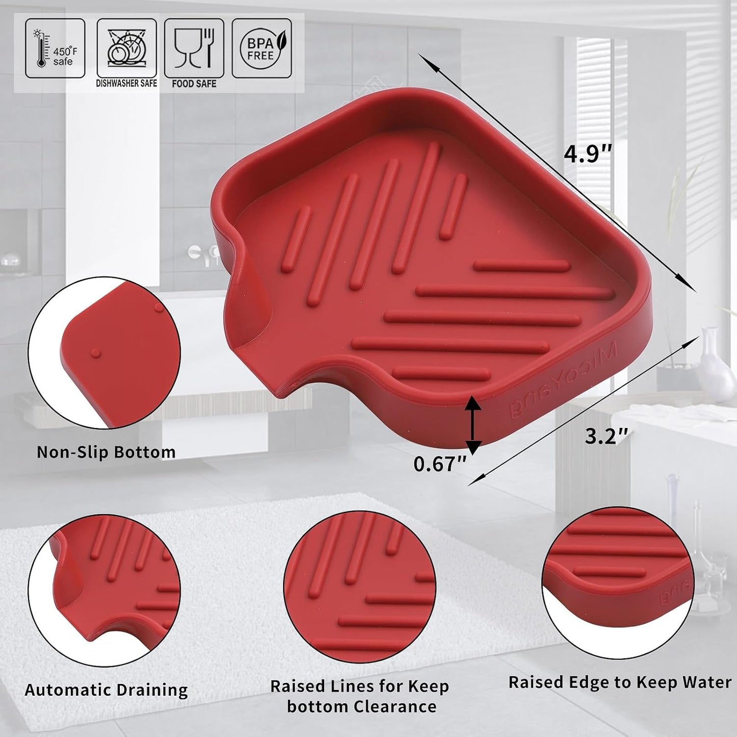 Silicone Bathroom Soap Dishes with Drain Spout-Bathroom and Kitchen Sink Organizer,Sponge Holder,Dish Soap Tray,Perfect for Dispenser,Scrubber,Bottle,Cup on Sink or Counter-Red 4.9"×3.2"