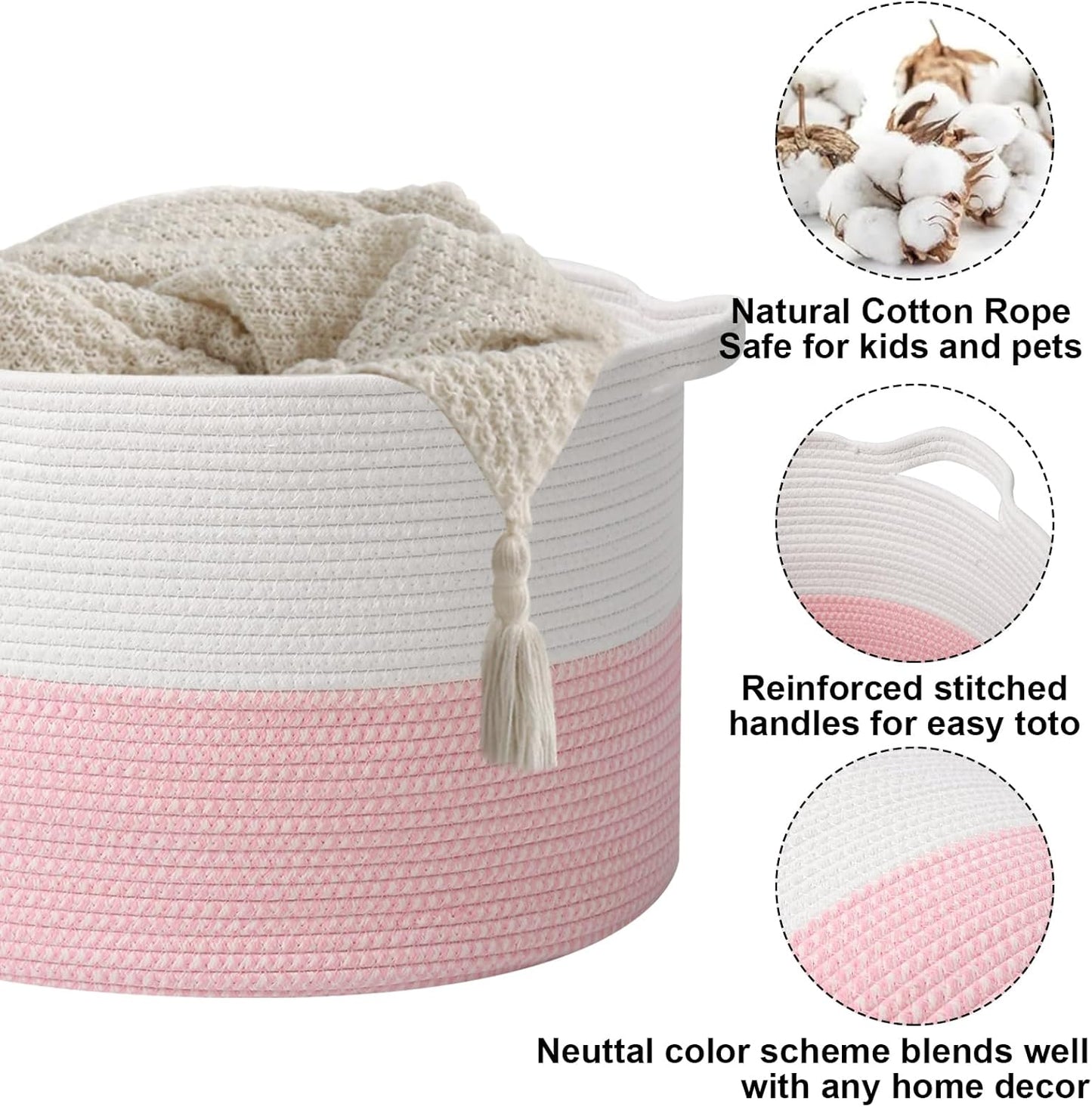Large Blanket Basket for Organizing,65L Closet Organizers and Storage Bins Box for Shelves Woven Rope Storage Baskets,Living Room,Bedroom,Dorm,Laundry room (White&Pink)