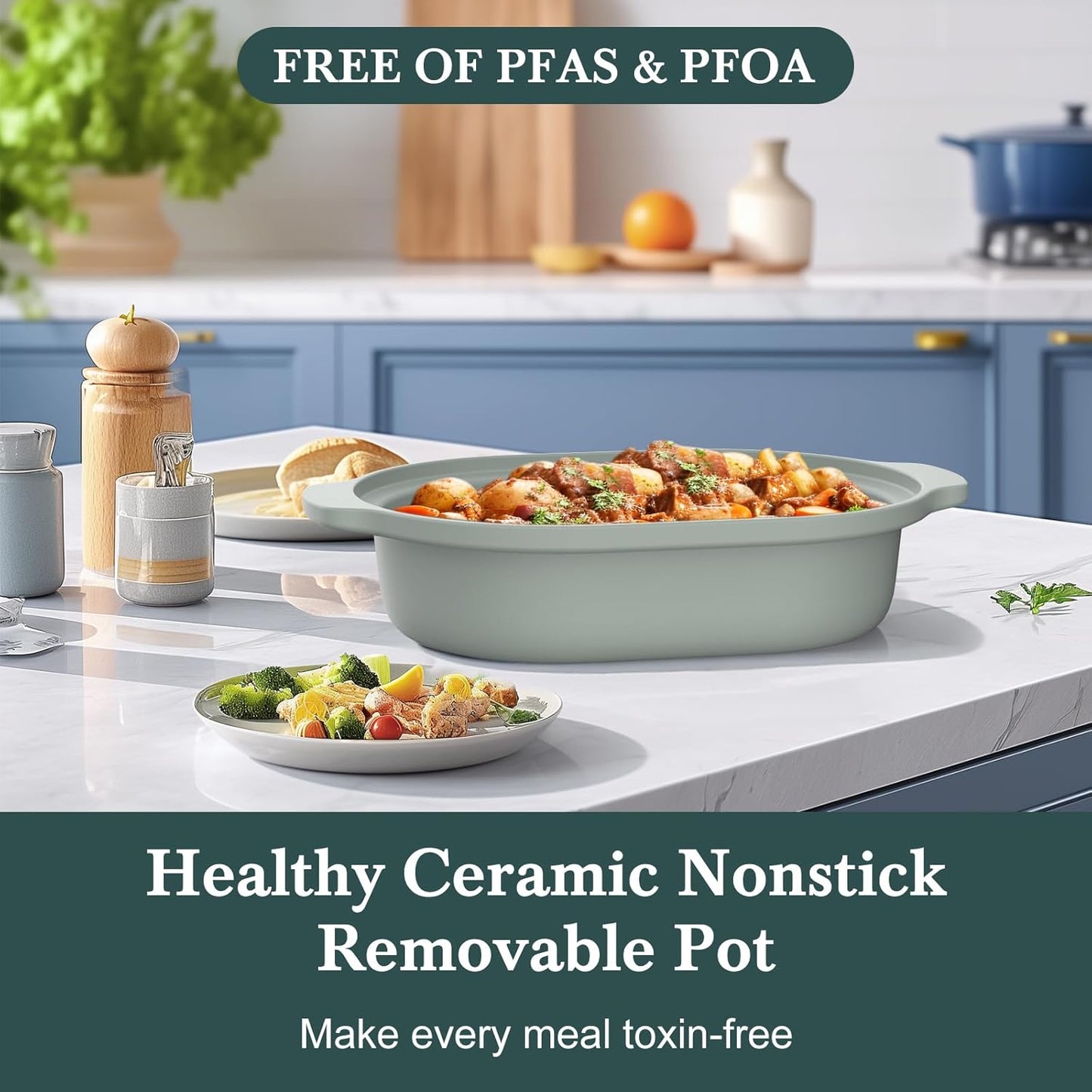 4 Quart Programmable Slow Cooker with Flexible Easy Programming, 8-in-1 Multi-Cooker with Dishwasher Safe Lid & Removable Crock Pot & Wooden Spoon, Nonstick, Oven Safe Pot to 500°F, Olive