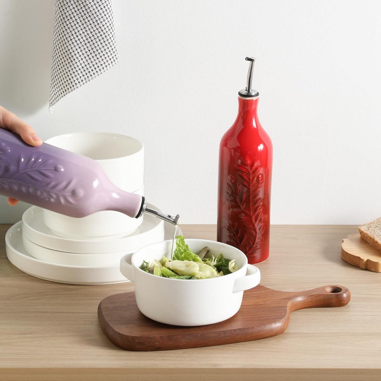 Sweejar Large Olive Oil Dispenser Bottle with Spout, 24 Oz Ceramic Dispenser for Kitchen, Relief Opaque Cruet, Container for Cooking, EVOO, Avocado Oil, Vinegar, Pack of 1(GradientRed)