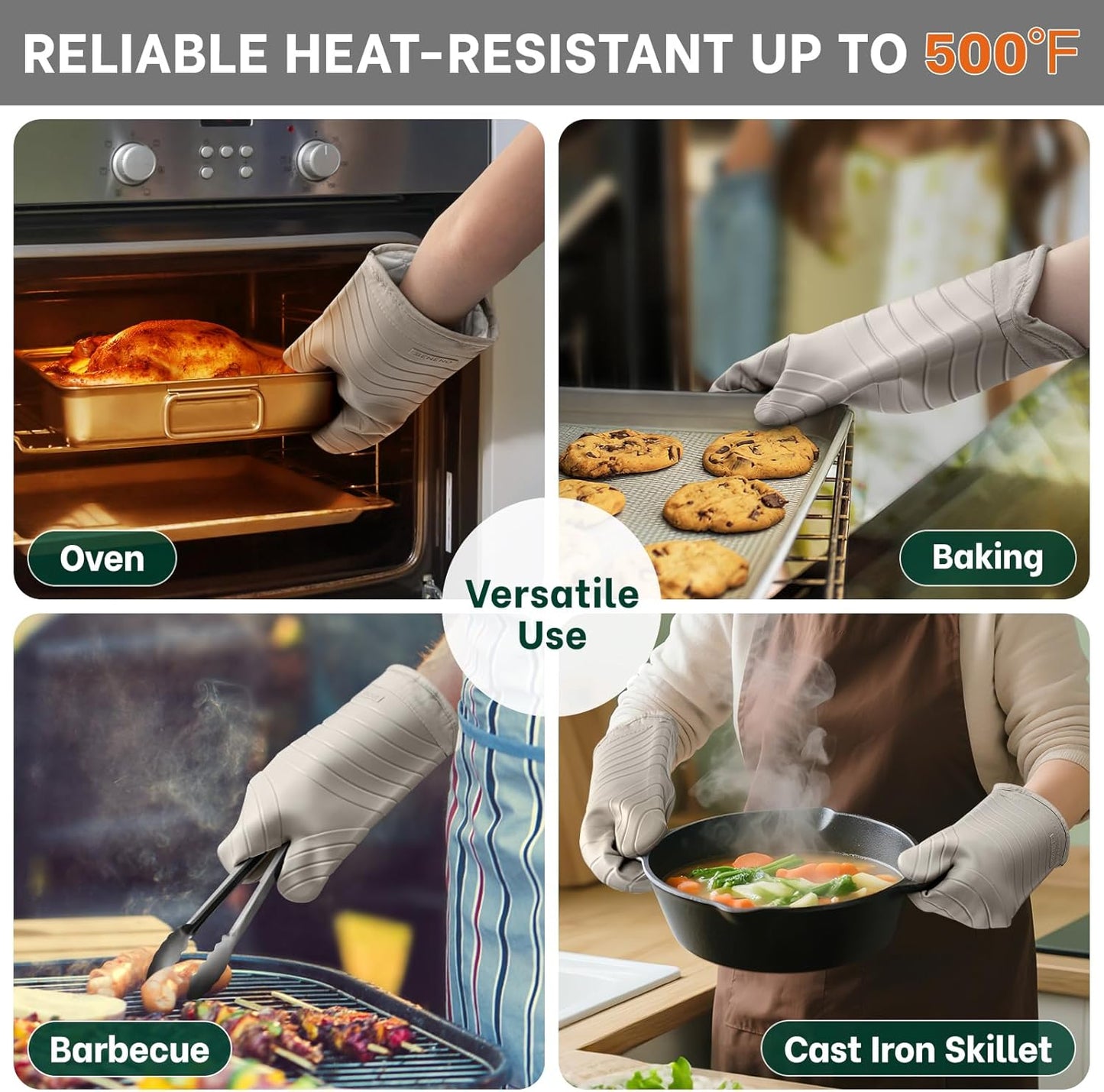 Beneno BPA-Free Silicone Oven Mitts, Heat Resistant Waterproof Oven Mitts with Non-Slip Textured Grip, Comfortable Quilted Lining, Kitchen Pot Holders for Cooking, Baking, Grilling, 7"x13", 2Pcs Beige