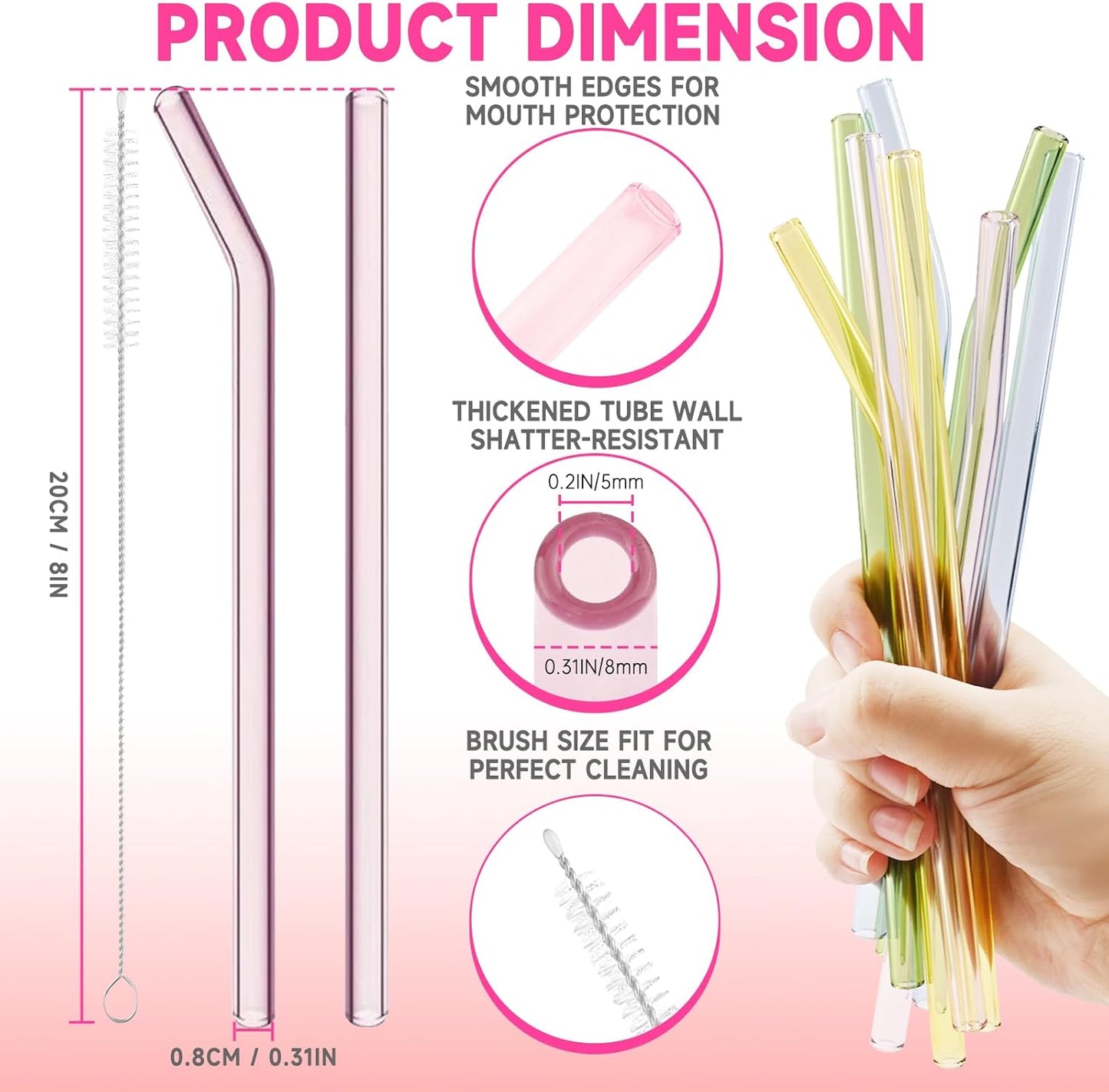 10 Pcs Reusable Glass Drinking Straws, 8” Colorful Glass Straws Shatter Resistant with 2 Cleaning Brush, Set of 5 Straight and 5 Bent Reusable Straw for Beverages, Milk, Juices, Dishwasher Safe