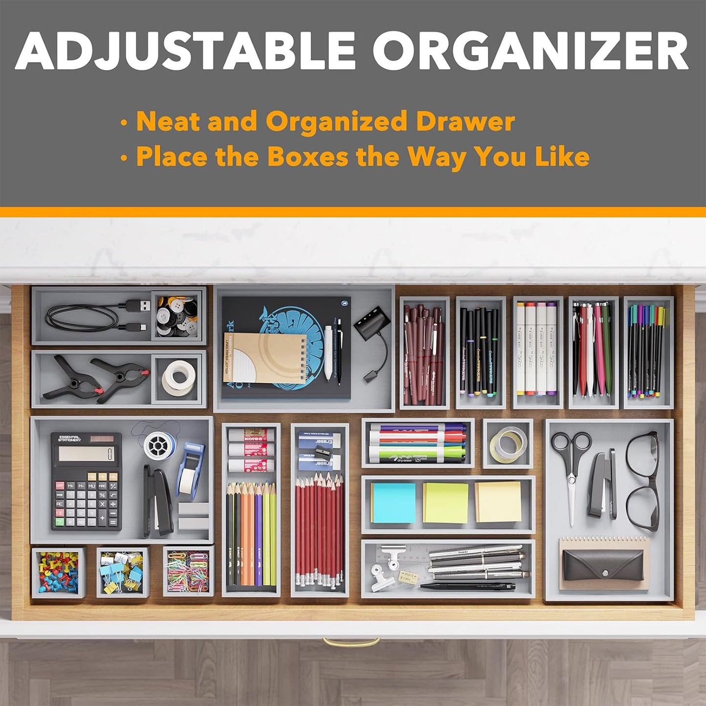 SpaceAid 21-Piece Bamboo Drawer Organizer Storage Boxes Set, Wood Tray Junk Drawer Organizers Multi-Use Divider Bins for Kitchen, Bathroom, Office Desk and Makeup Organization (21 Pack, Gray)