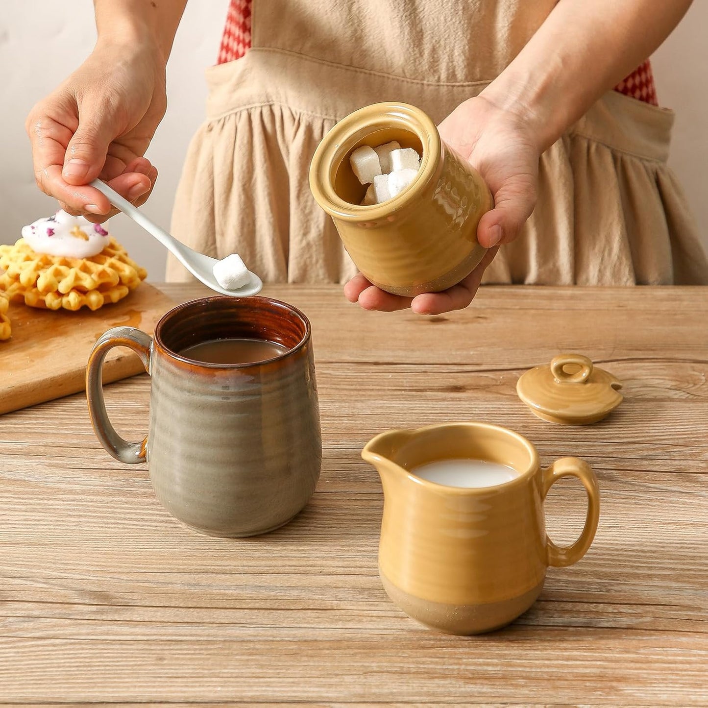 Hasense Sugar and Creamer Set, 11 Ounce Sugar Bowl with Lid and Spoon, 10 Ounce Creamer Container, Ceramic Cream and Sugar set for Coffee Bar, Dishwasher Safe, Yellow