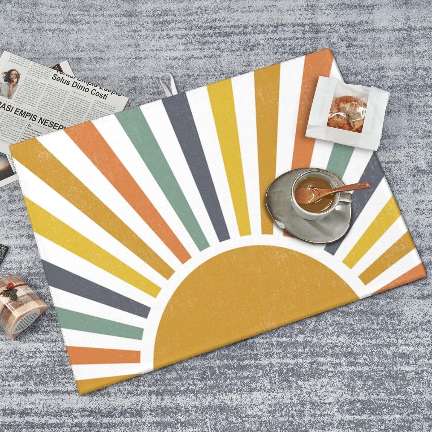 Sunshine Dish Drying Mat 18x24 for Kitchen Counter, Stripes Yellow Sun Decorative Absorbent Coffee Mat Dish Drying Pad Coffee Bar Dish Drainer Rack Mat Drainer Mat