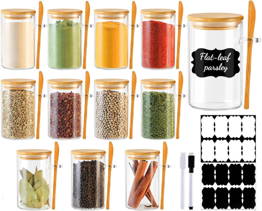 12 Pack 8 oz Round Glass Spice Jars with Lids and Spoons – Airtight Small Spice Containers Set with Labels, Clear Glass Storage Jars for Seasoning, Spices, Kitchen Pantry Organization