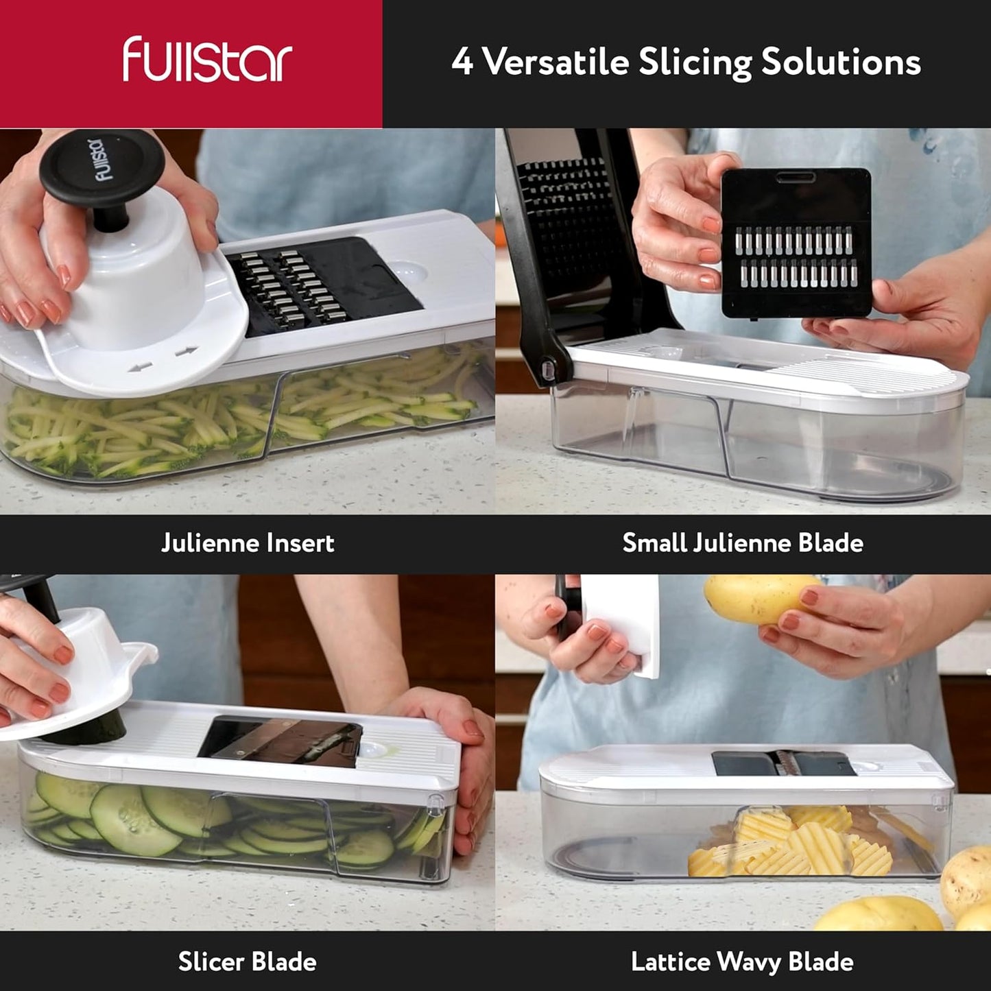 Fullstar Mandoline Slicer for Kitchen - Vegetable Chopper, Onion Potato Food Veggie Fruit Slicer and Cutter with Container, Kitchen Gadgets & Accessories, Home Essentials (10-in-1, White/Black)