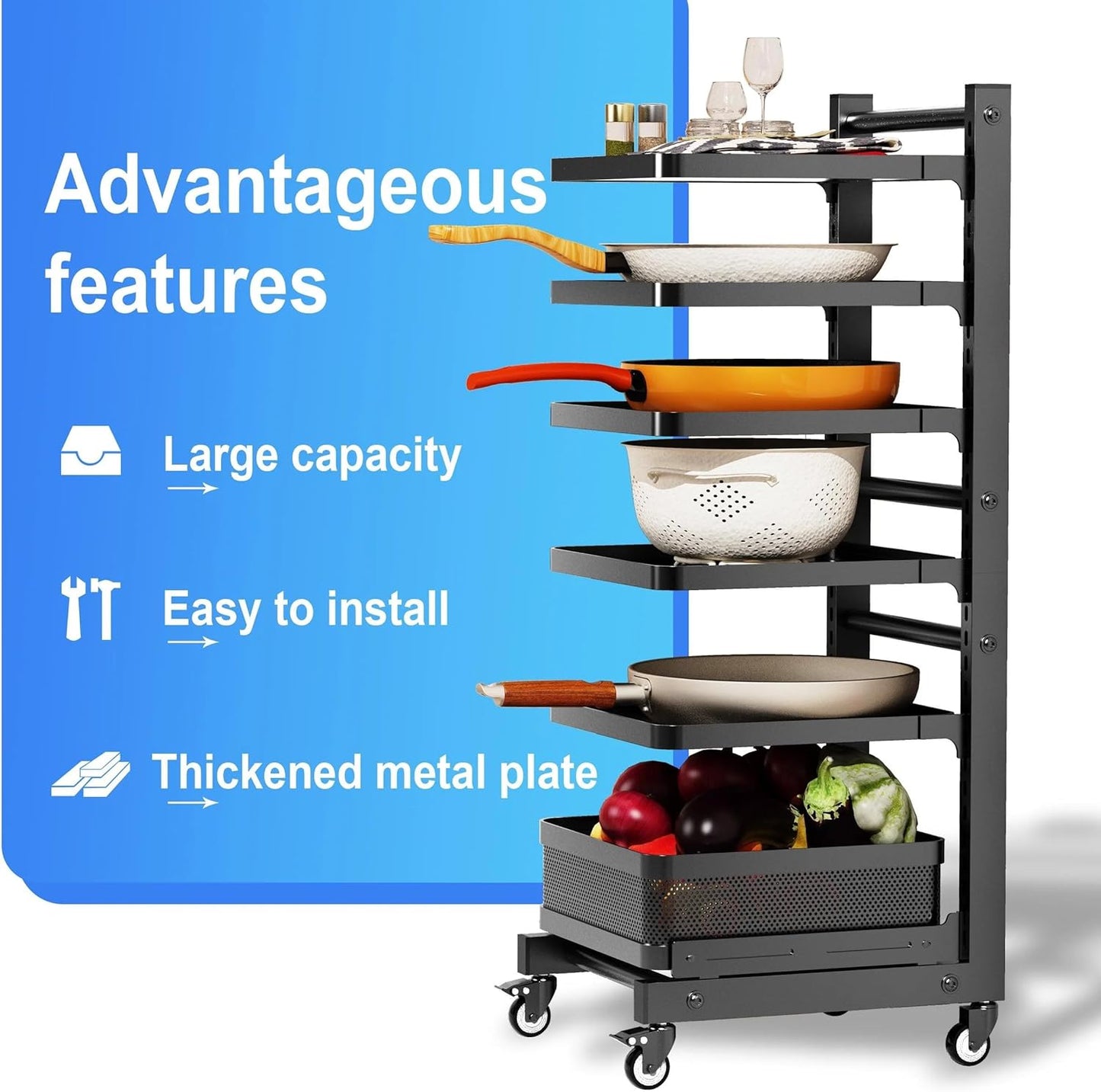 6-Tier Multifunctional Adjustable Pan & Pot Rack for Cabinet (Floor pot rack 6-tier)