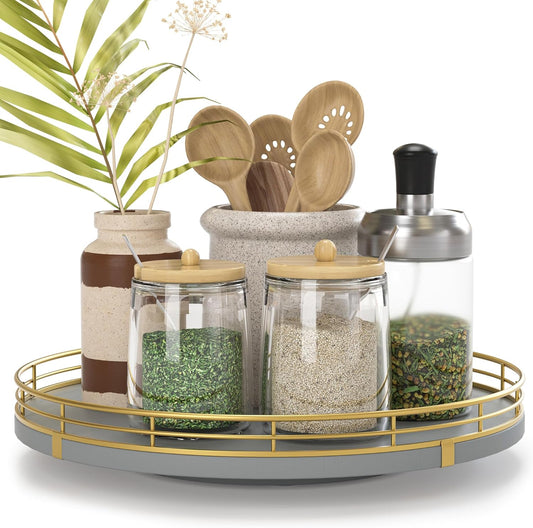 10" Wooden Lazy Susan Turntable for Cabinet – Rotating Spice Rack Organizer, Small Gray Kitchen Countertop Round Tray for Dining Table & Pantry Storage