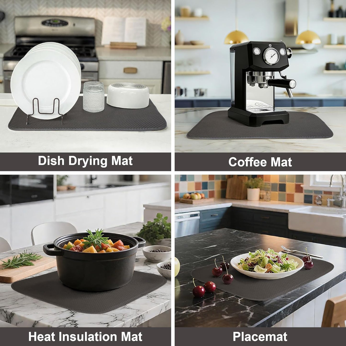 2-Pack Dark Gray Dish Drying Mats 20" x 15" – XL Kitchen Drying Mat for Countertop, Absorbent Microfiber Dish Rack Mat, Foldable Dish Pad for Dishes, Pans – Reusable Dish Drainer Mat