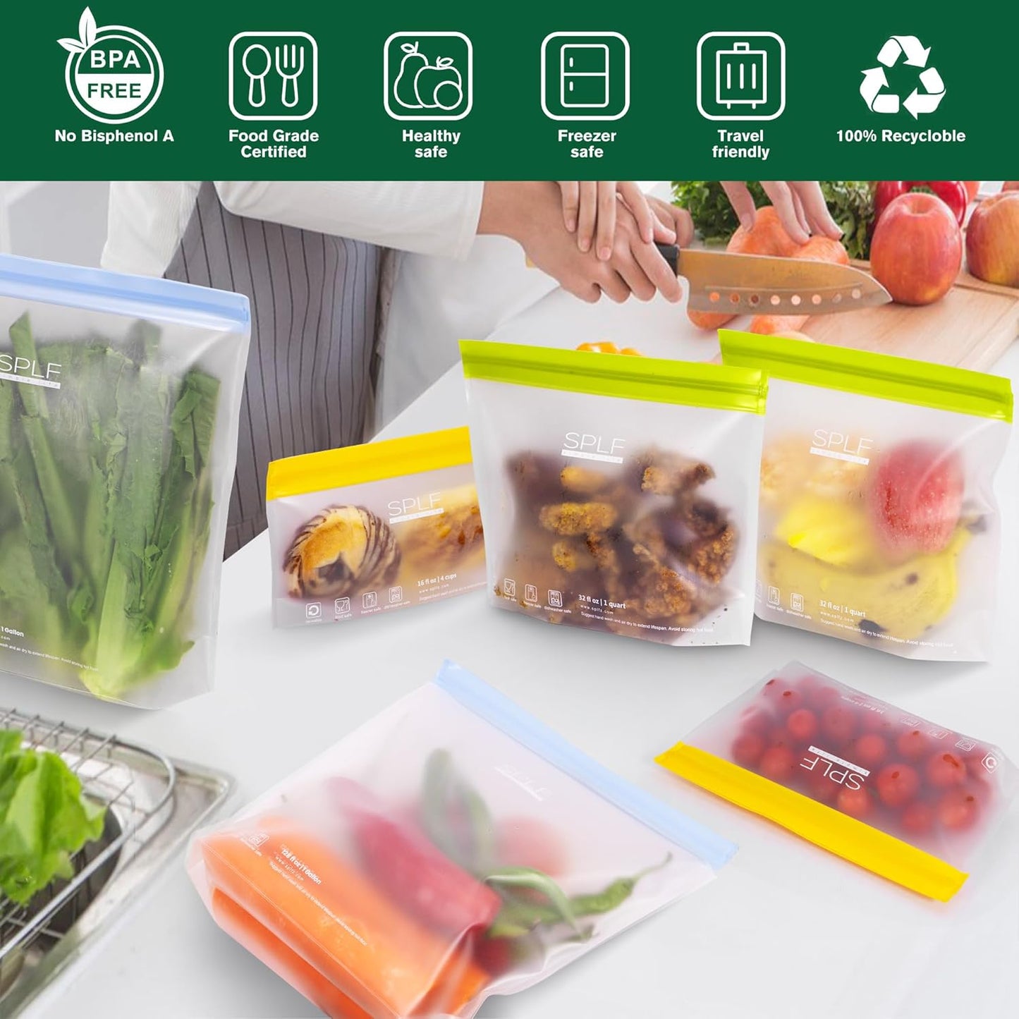 SPLF 10 Pack Stand-Up Reusable Quart Freezer Bags Dishwasher Safe, Extra Thick Leakproof 1 Quart Food Storage Bags, BPA Free Bags for Meal Prep, Sandwich, Snack, Fridge Organization