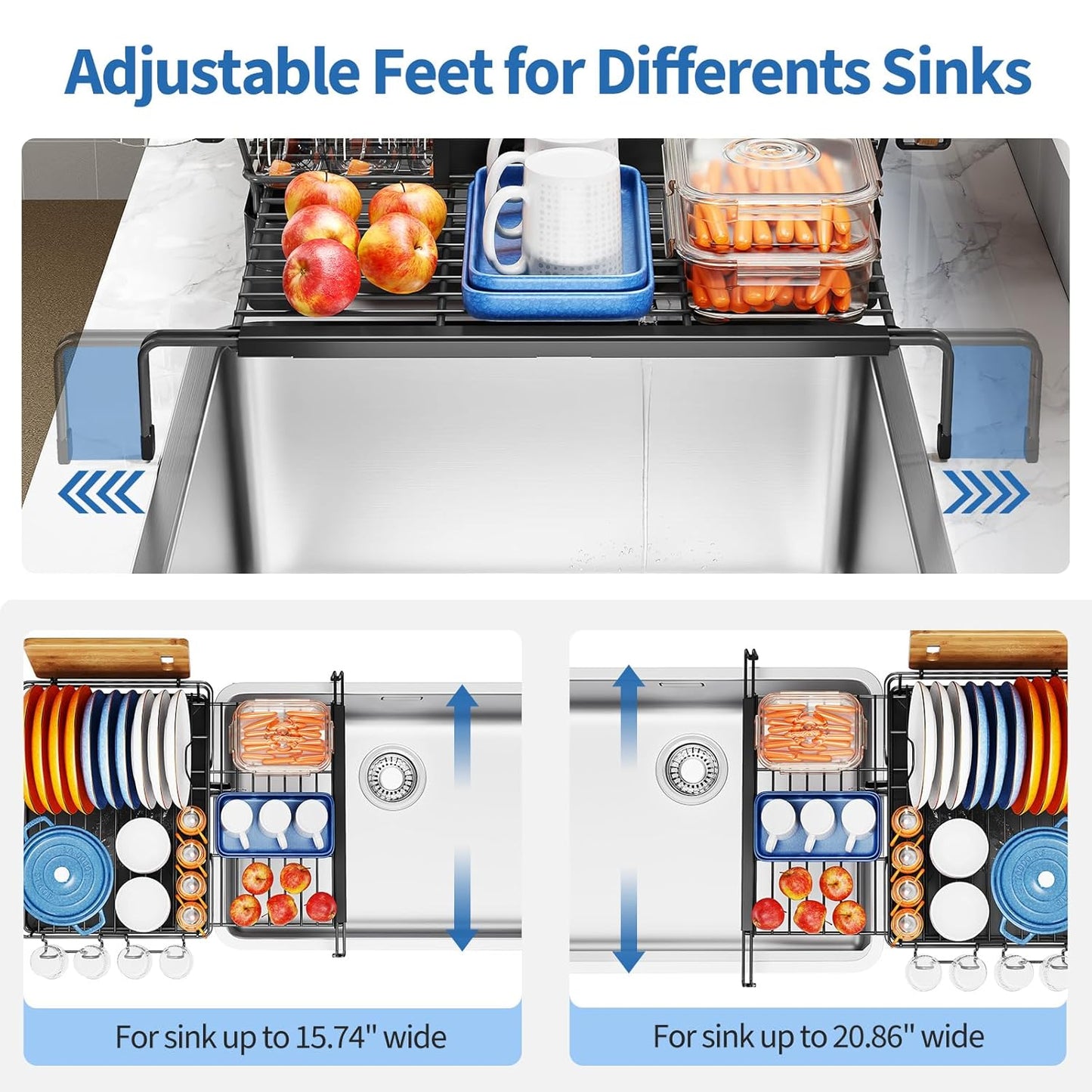 TOOLF Extendable Dish Drying Rack, 2 in 1 Multifunction Dish Rack for Kitchen Counter, Expandable Dish Drainer Over Sink, Large Plate Strainer with Drainboard & Cups Holder, Black