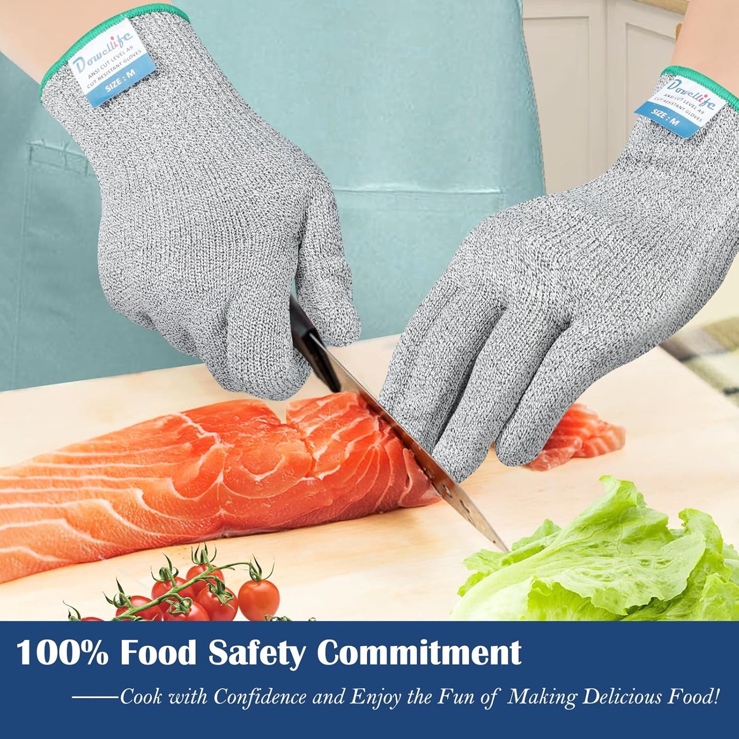 Dowellife Soft Level 9 Cut Resistant Gloves Food Grade, Steel Wire Mixed Kitchen Safety Gloves for Chef Oyster Shucking Mandoline Knife Butcher Meat Cutting Carving (Medium)
