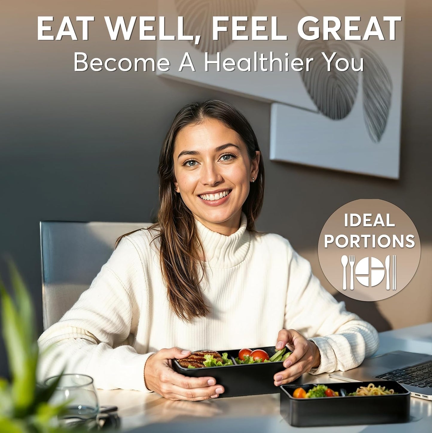 Umami Bento Box Adult All-In-1 w/4 Utensils, Big Sauce Jar, 2 Dividers, 100% Leakproof, Microwave & Dishwasher Safe, Stackable Bento Lunch Box Containers for Men/Women, Black & Bamboo, 40 oz