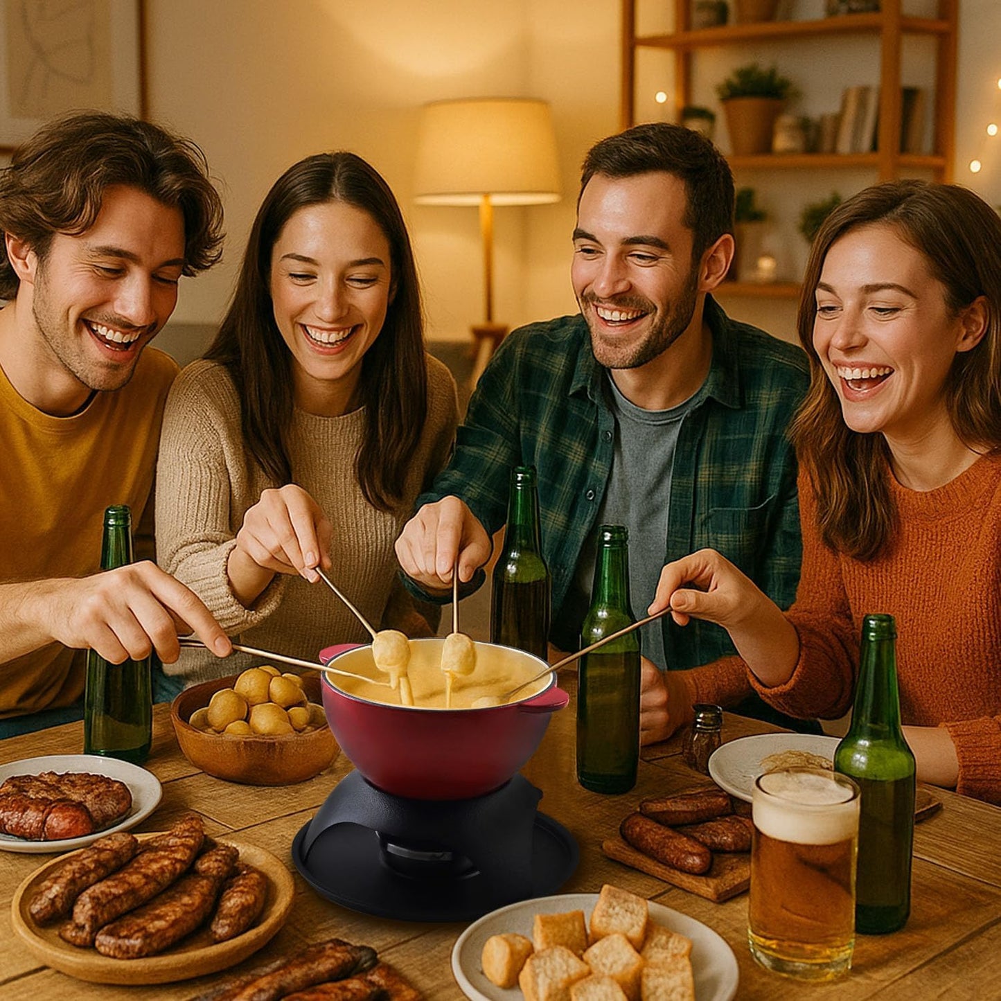 Artestia Cast Iron Cheese Fondue Set 11-Piece with Adjustable Burner, 6 Colored Forks, 5-Cup Red Swiss Fondue Set for Cheese, Chocolate, Caramel, Meat – Family Size 4-6 Persons