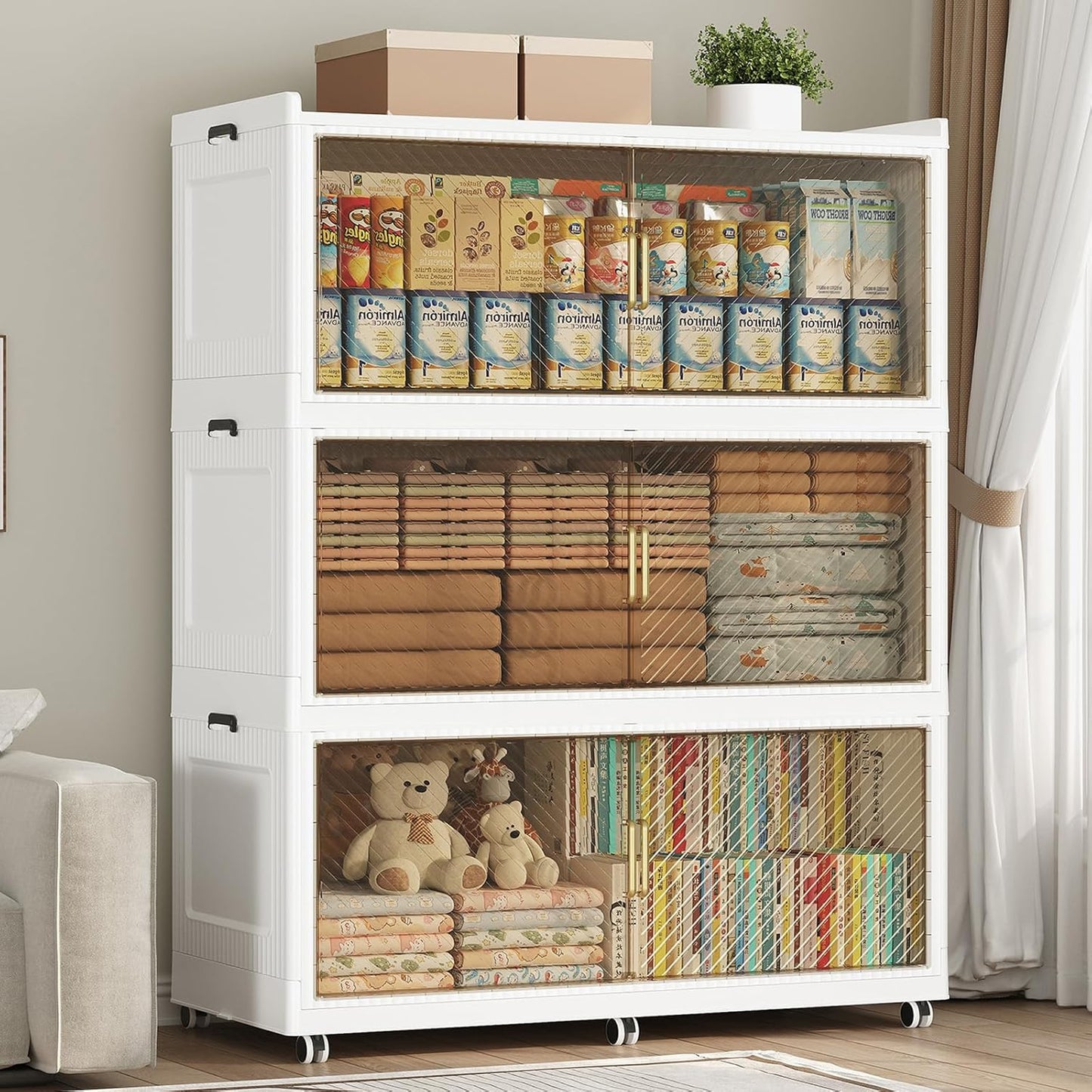 150GAL Extra Large Storage Bins with Lid, 600QT Plastic Stackable Storage Bins with 6x Wheels, Collapsible Closet Organizer and Storage Drawer Cabinet for Living Room Office Dorm, 3Pack White