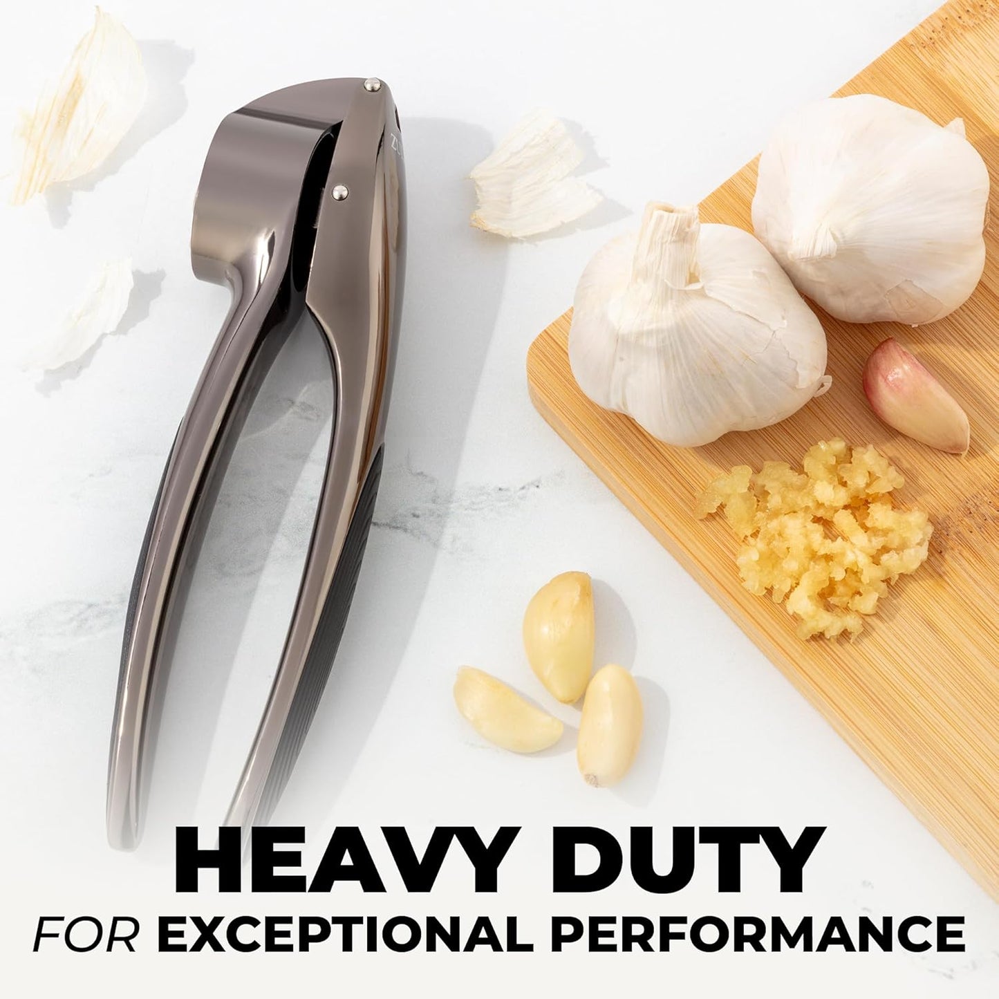 Zulay Kitchen Premium Garlic Press Set – Rust Proof & Dishwasher Safe Garlic Mincer Tool with Silicone Garlic Peeler & Brush, Easy Squeeze & Clean, Ergonomic Soft Grip Handle - Medium – Dark Gray