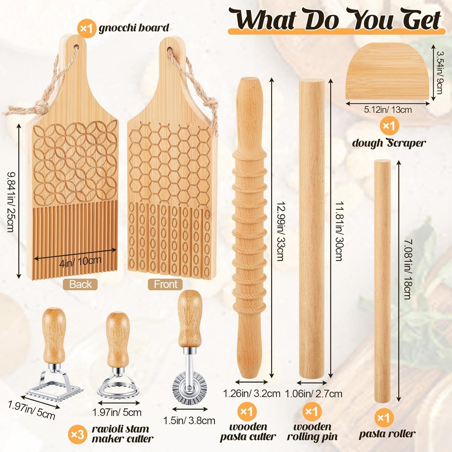 Tioncy 9 Pcs Pasta Making Tool Ravioli Gnocchi Maker Set Include Ravioli Mold Wooden Cutter Rolling Pin Gnocchi Board Wood Stick Dough Scraper Pasta Stamps(Pattern Style)