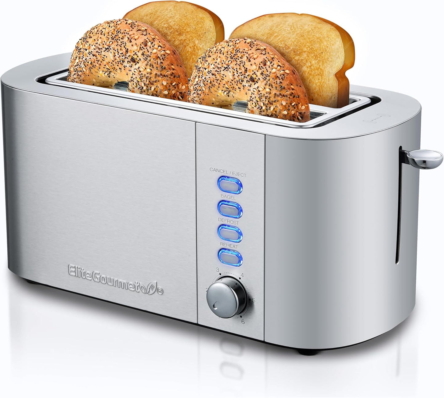 Elite Gourmet ECT4123X Long Slot 4 Slice Toaster, Extra Wide 1.5" and 5.1" Deep Slots, Bagel, Defrost & Cancel Functions, 6 Toast Shade Settings, Fits Bagels, Waffles, Artisan Breads, Stainless Steel