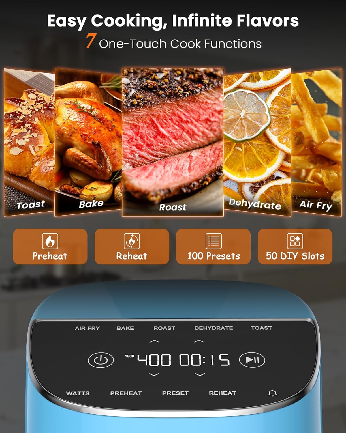Nuwave Brio Plus Air Fryer 8 Qt, New & Improved, PFAS-FREE, 7 Digital One-Touch Cook Functions that AIR FRY, BAKE, ROAST, DEHYDRATE, TOAST, REHEAT, PREHEAT, 150 Presets, 50°F~400°F (Cozy Blue)