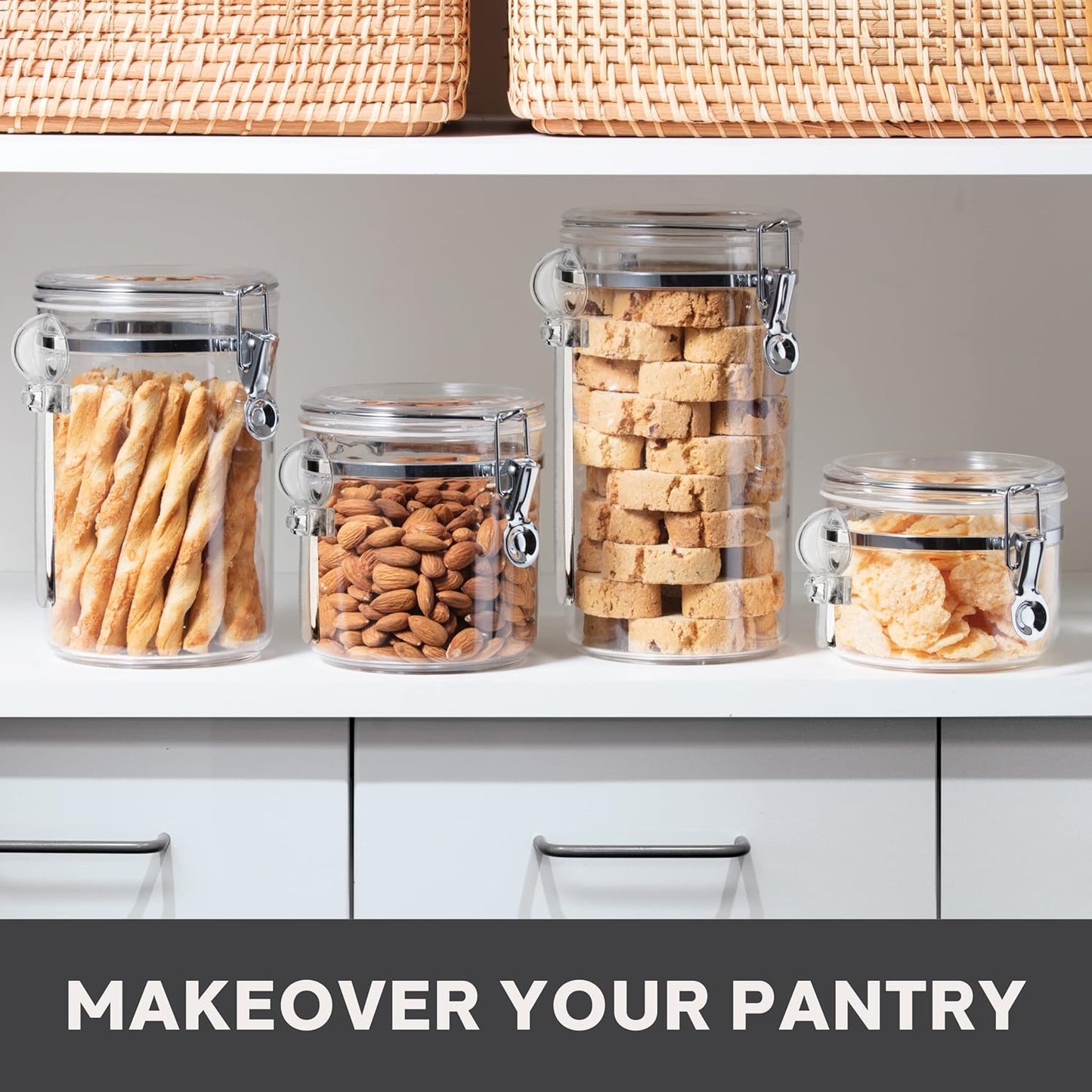 Oggi 4pc Clear Canister Set with Clamp Lids Airtight Containers in Sizes Ideal for Kitchen & Pantry Storage of Bulk, Dry Foods Including Flour, Sugar, Coffee, Rice, Tea, Spices & Herbs