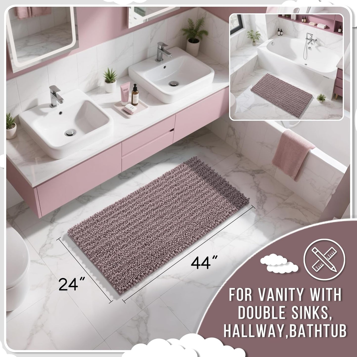 Yimobra Long Bathroom Rugs Non Slip Washable 44x24 Inch - Ultra Soft Absorbent Chenille Bath Mat, Quick Dry Shaggy Floor Carpet for Tub Shower, Mauve Home Decor Accessories