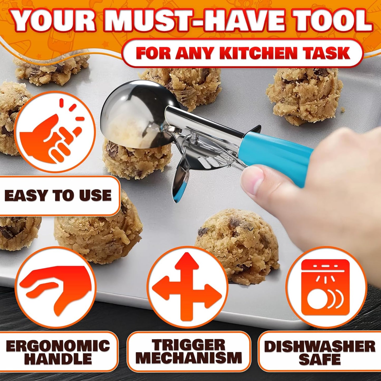 Cookie Scoop Set - Ice Cream Scoop with Trigger - Cookie Scoops for Baking Set of 3, #16 (2.7 oz), #20 (2 oz), #30 (1.25 oz), Stainless Steel Versatile Tool for Baking, Cookies, and Desserts